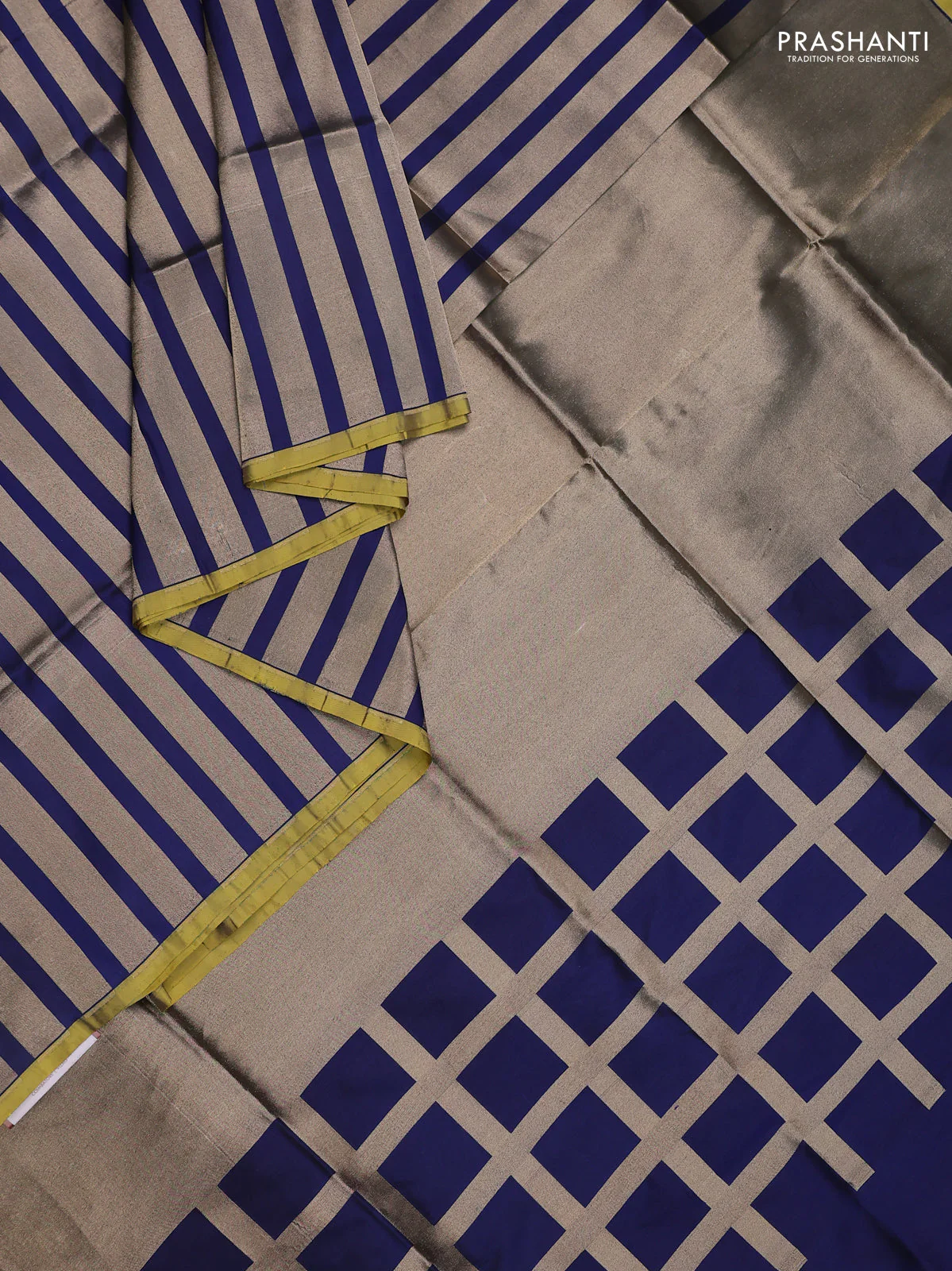 Banarasi tissue partly saree gold and navy blue with plain body and piping border - Image 2