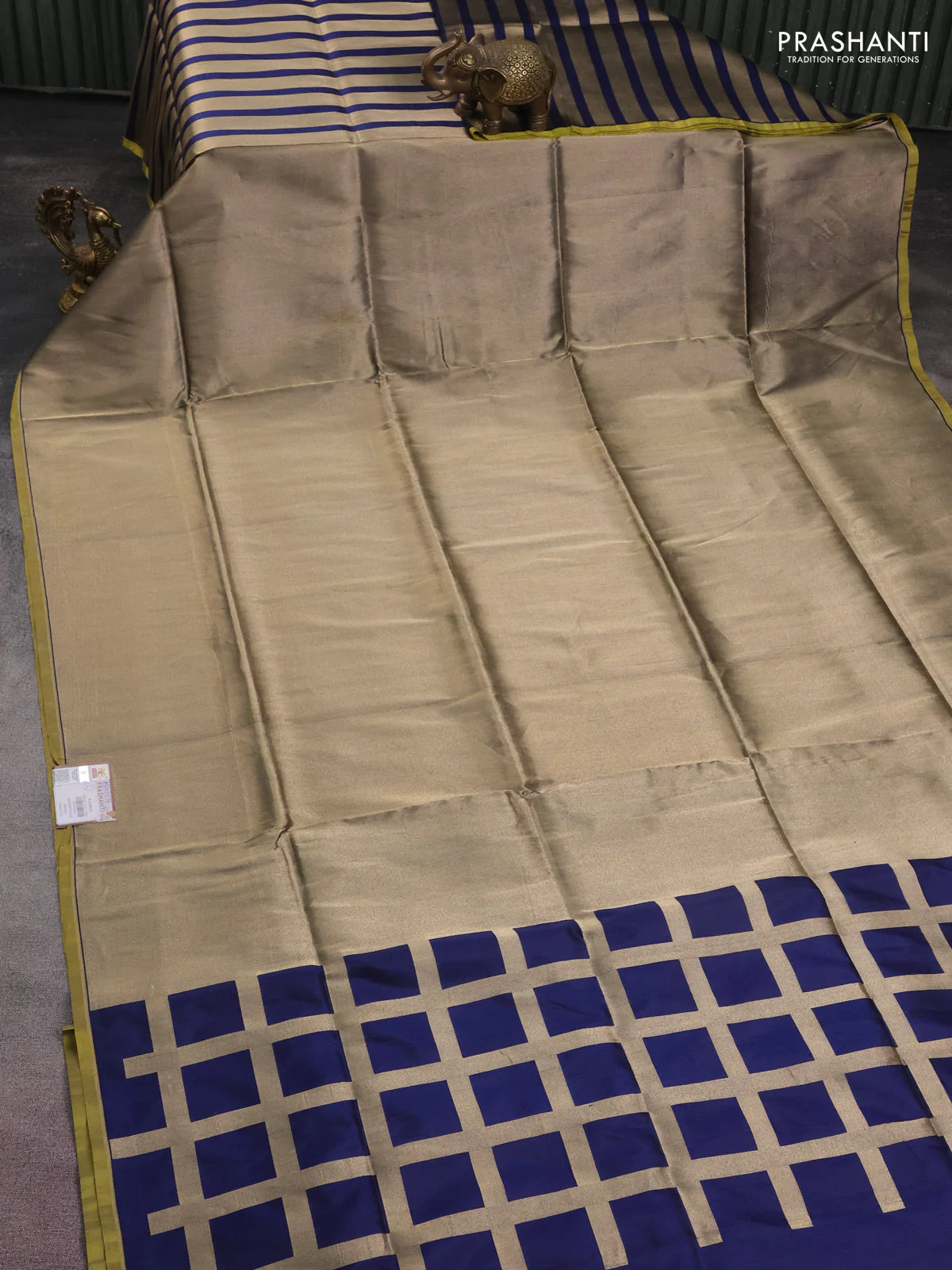 Banarasi tissue partly saree gold and navy blue with plain body and piping border - Image 3