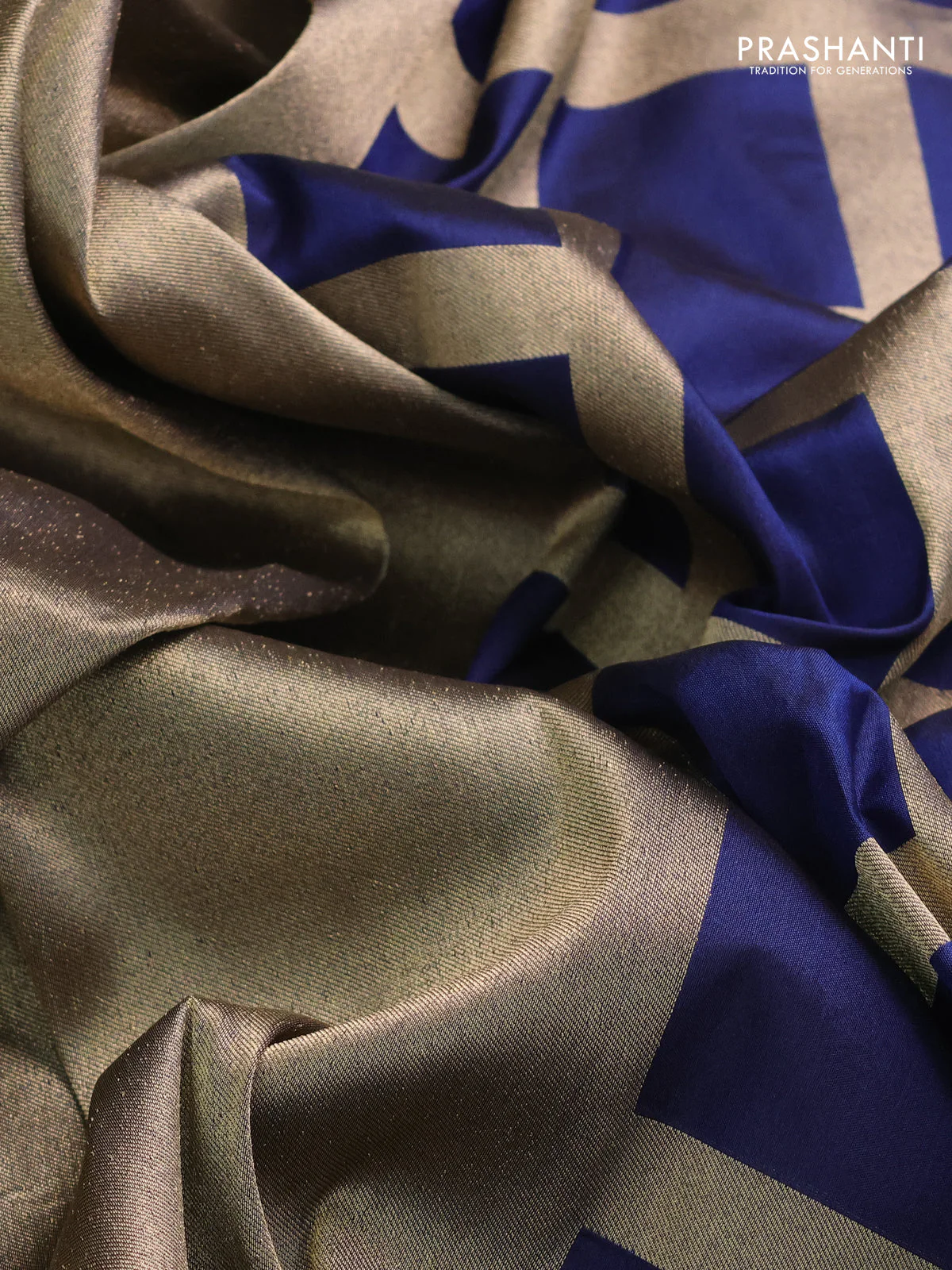 Banarasi tissue partly saree gold and navy blue with plain body and piping border - Image 4