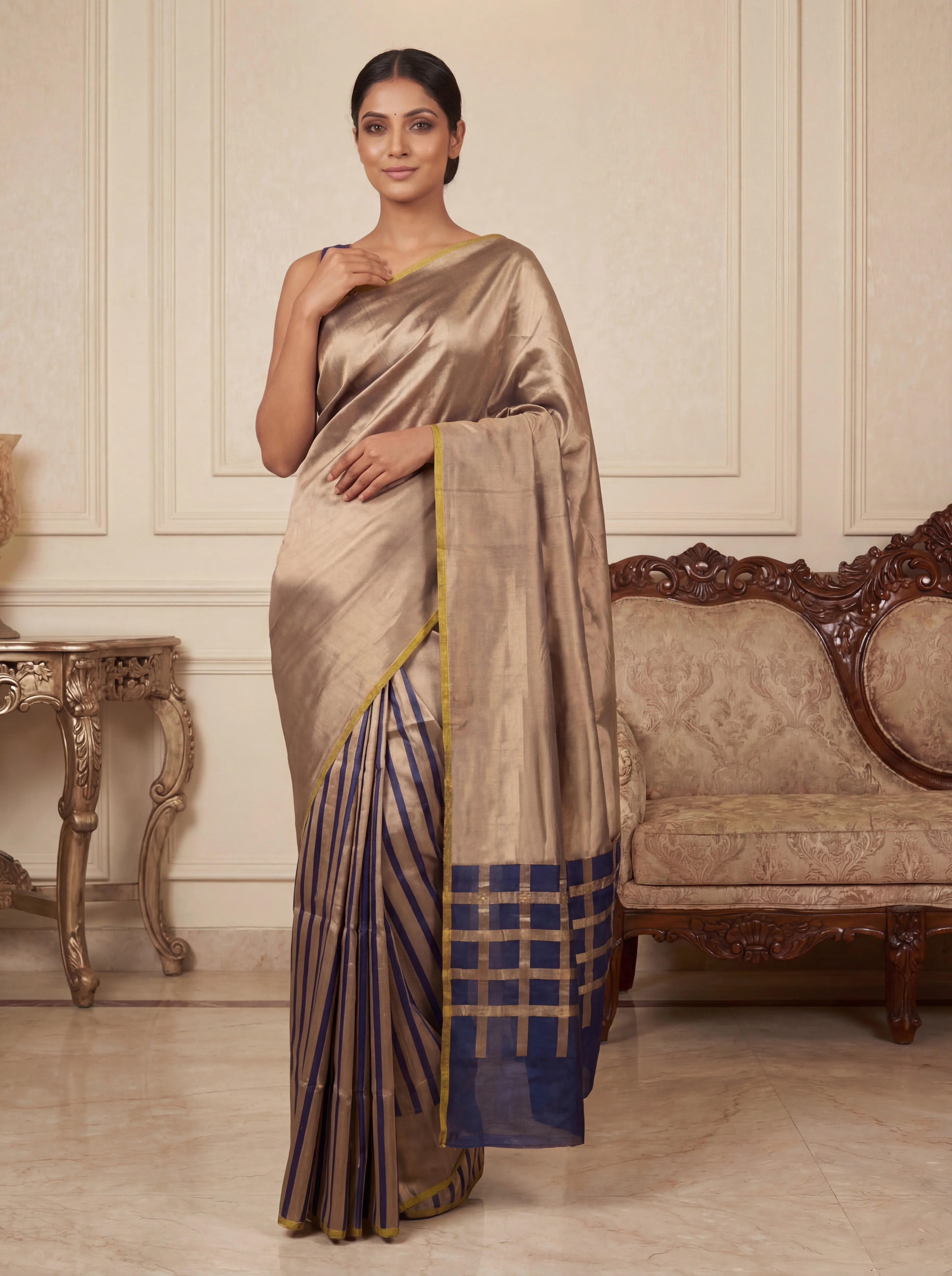 Banarasi tissue partly saree gold and navy blue with plain body and piping border
