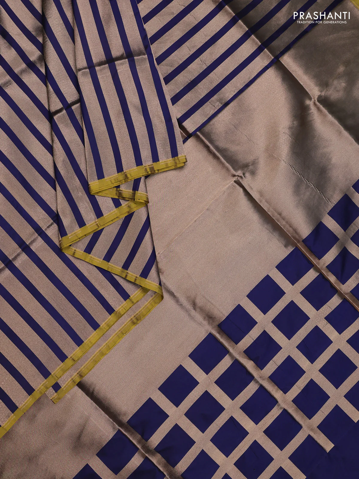 Banarasi tissue partly saree gold and navy blue with plain body and piping border - Image 2