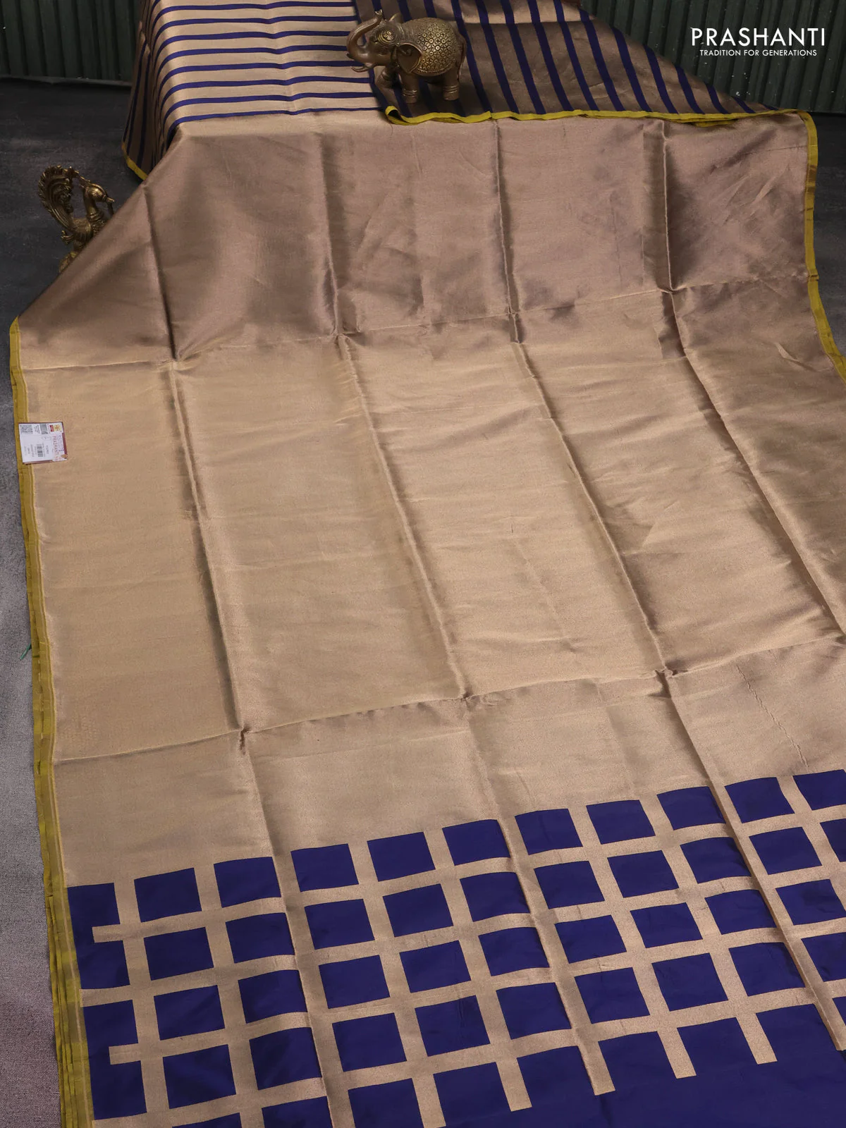Banarasi tissue partly saree gold and navy blue with plain body and piping border - Image 3