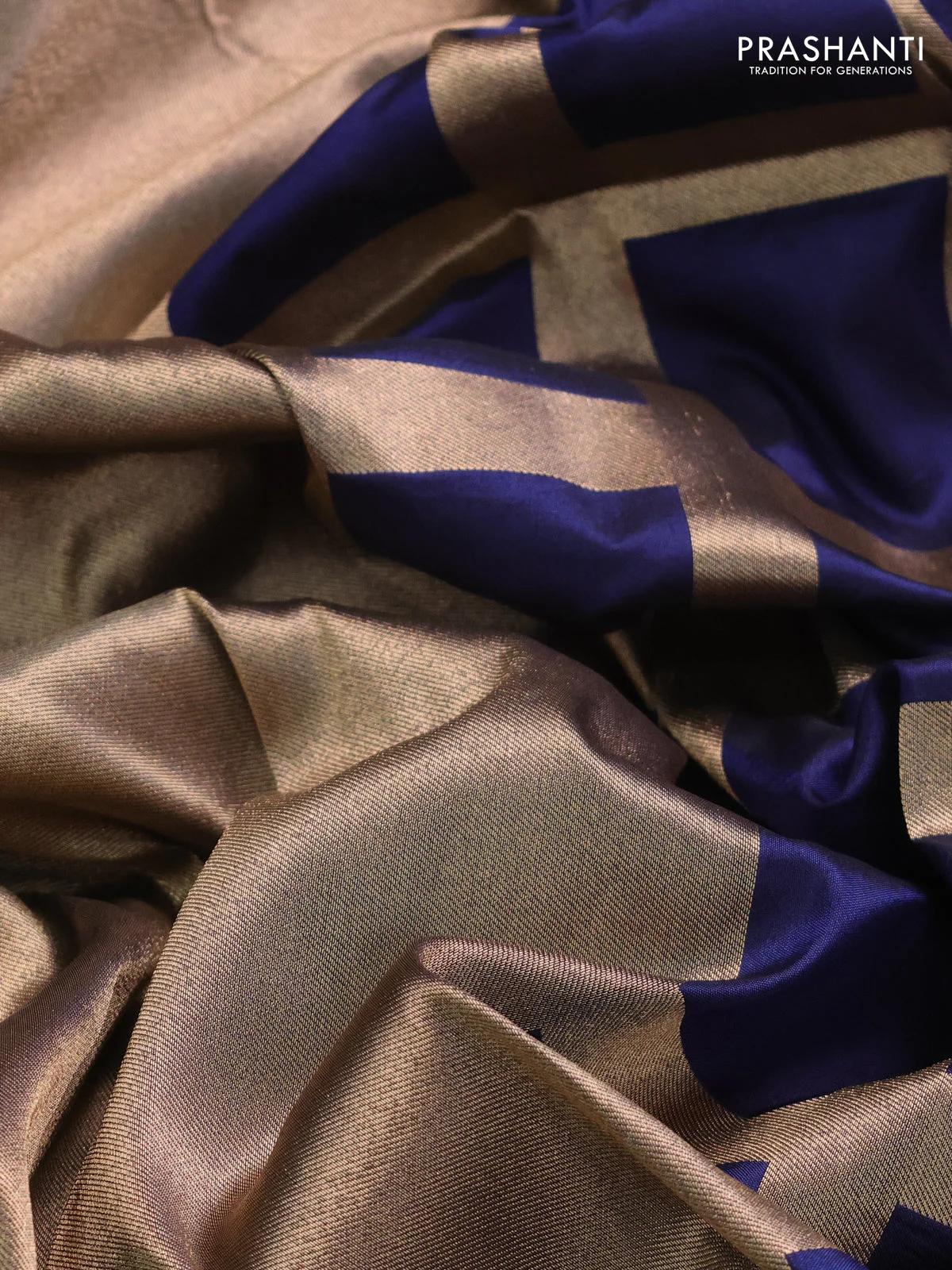 Banarasi tissue partly saree gold and navy blue with plain body and piping border - Image 4