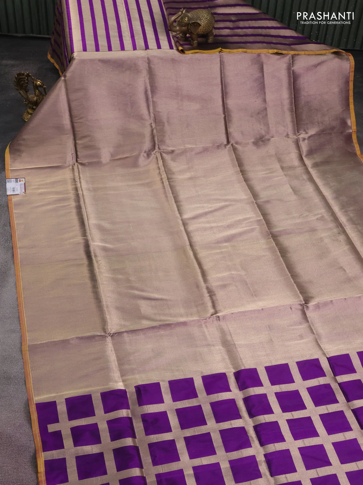 Banarasi tissue partly saree rose gold and purple with plain body and piping border - Image 3