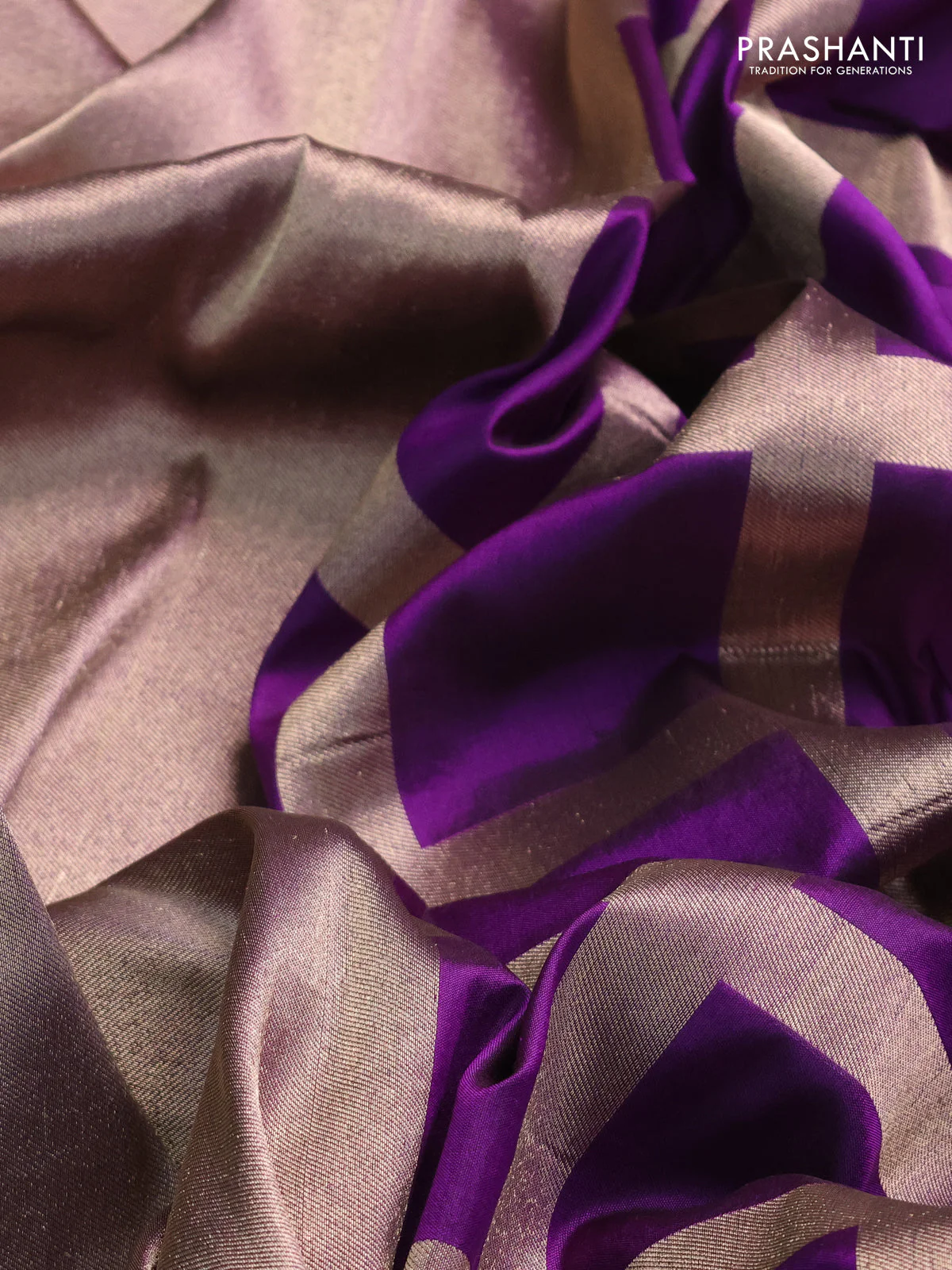 Banarasi tissue partly saree rose gold and purple with plain body and piping border - Image 4