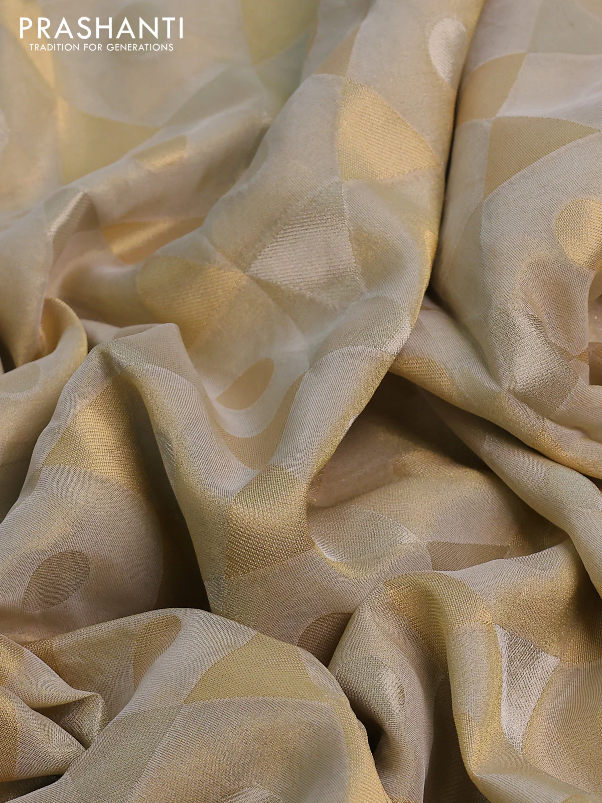 Banarasi tissue saree beige and mustard yellow with allover zari woven geometric wevaes and lace work border - Image 3