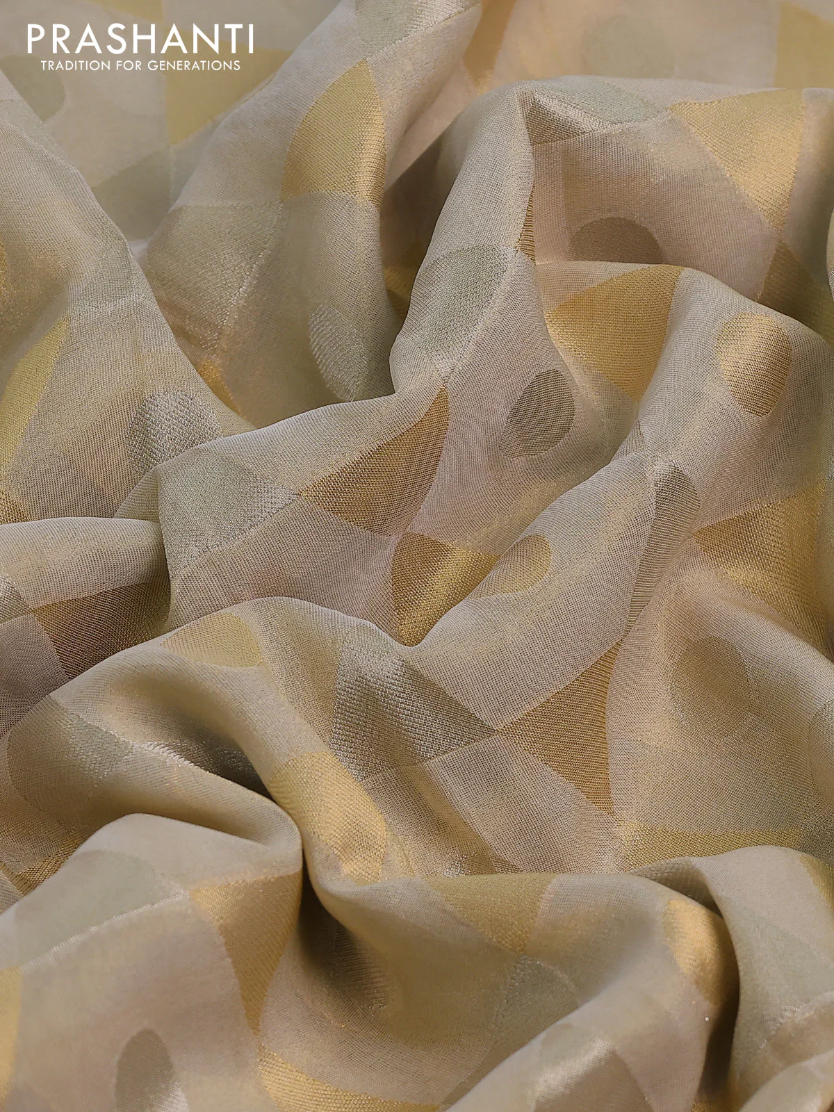 Banarasi tissue saree beige and pink with allover zari woven geometric wevaes and lace work border - Image 3