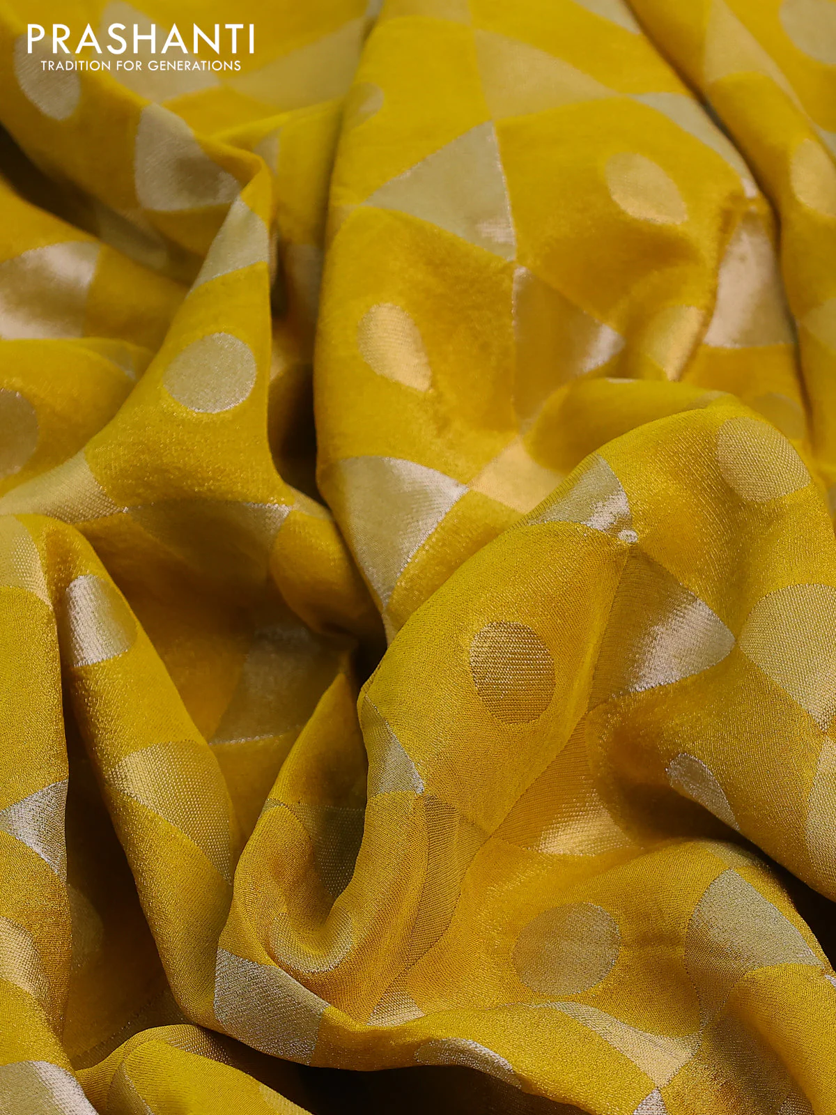 Banarasi tissue saree mustard yellow and red with allover zari woven geometric wevaes and lace work border - Image 3