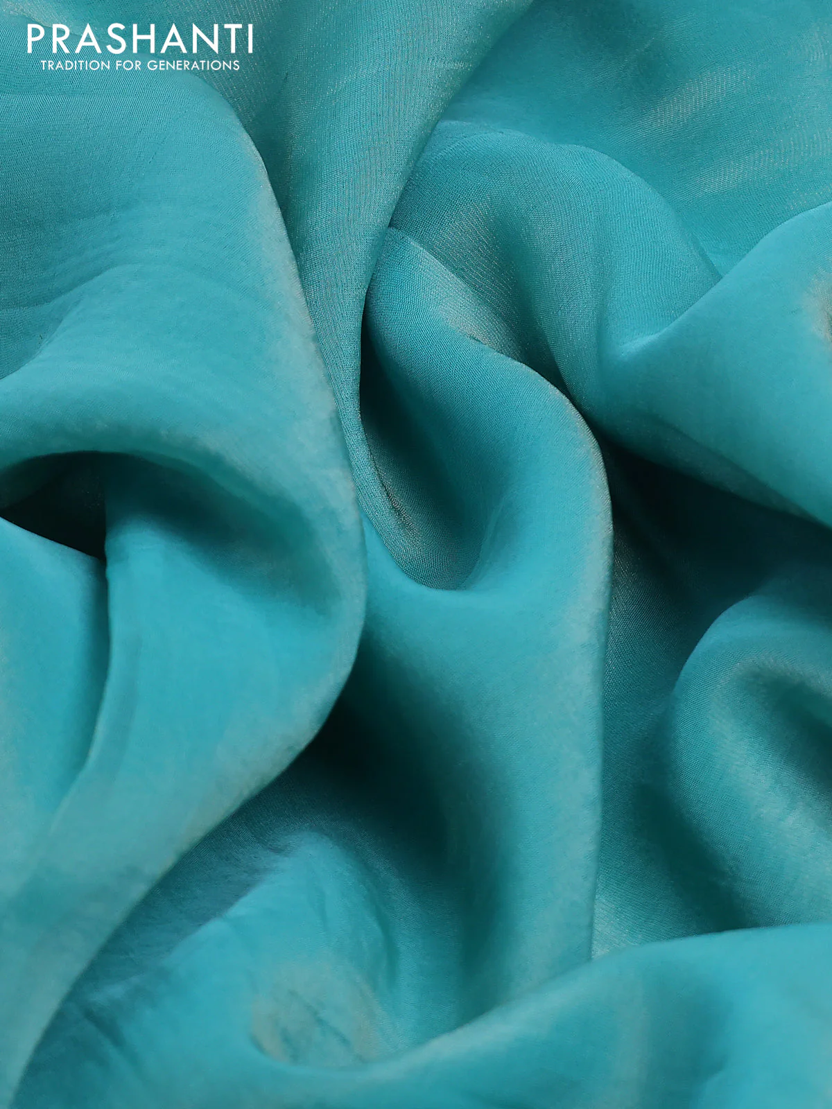 Banarasi tissue saree teal blue with plain body and lace work border - Image 3