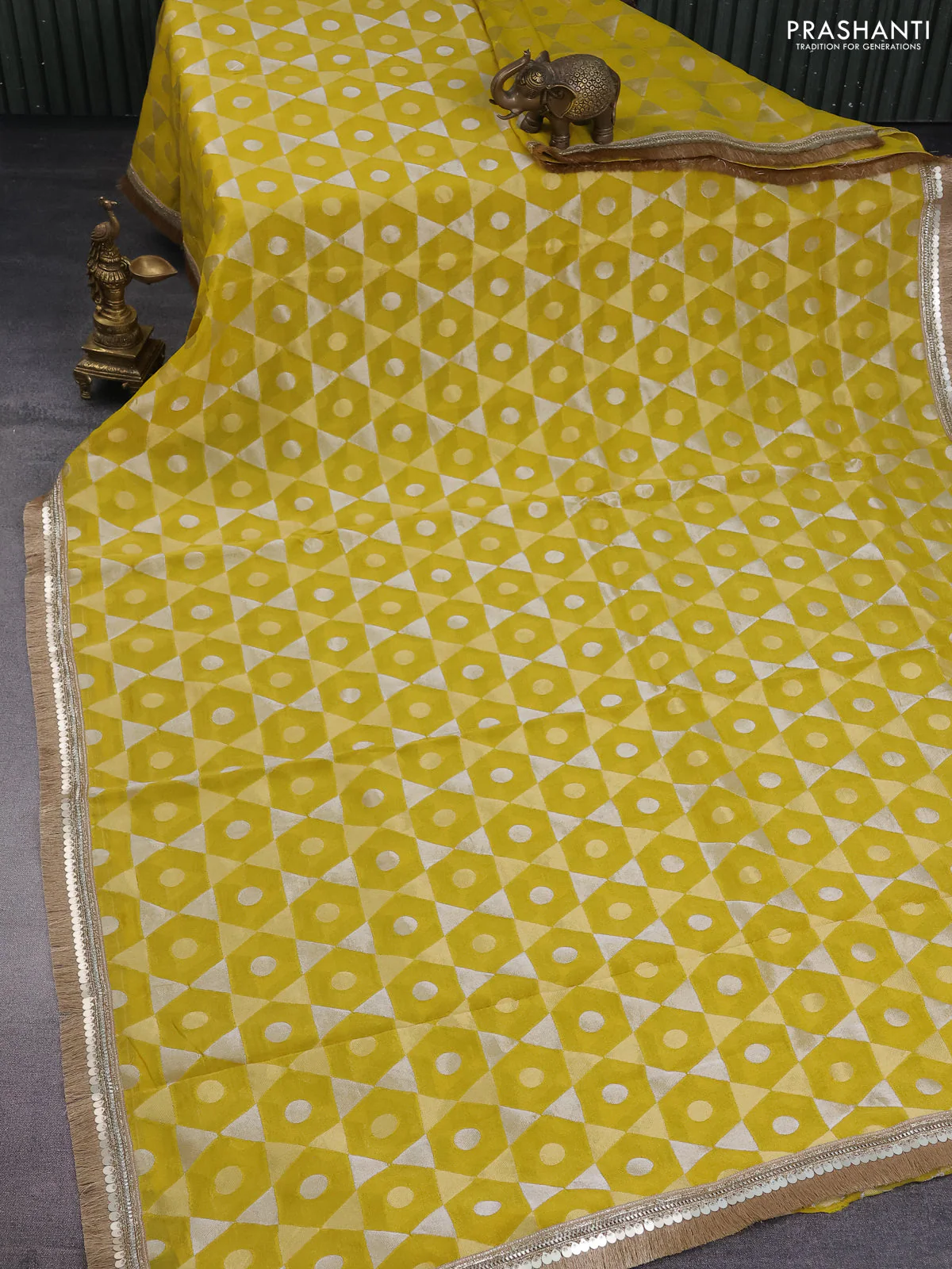 Banarasi tissue saree yellow and red with allover zari woven geometric wevaes and lace work border - Image 2