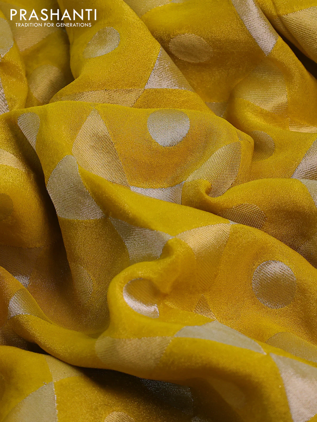 Banarasi tissue saree yellow and red with allover zari woven geometric wevaes and lace work border - Image 3