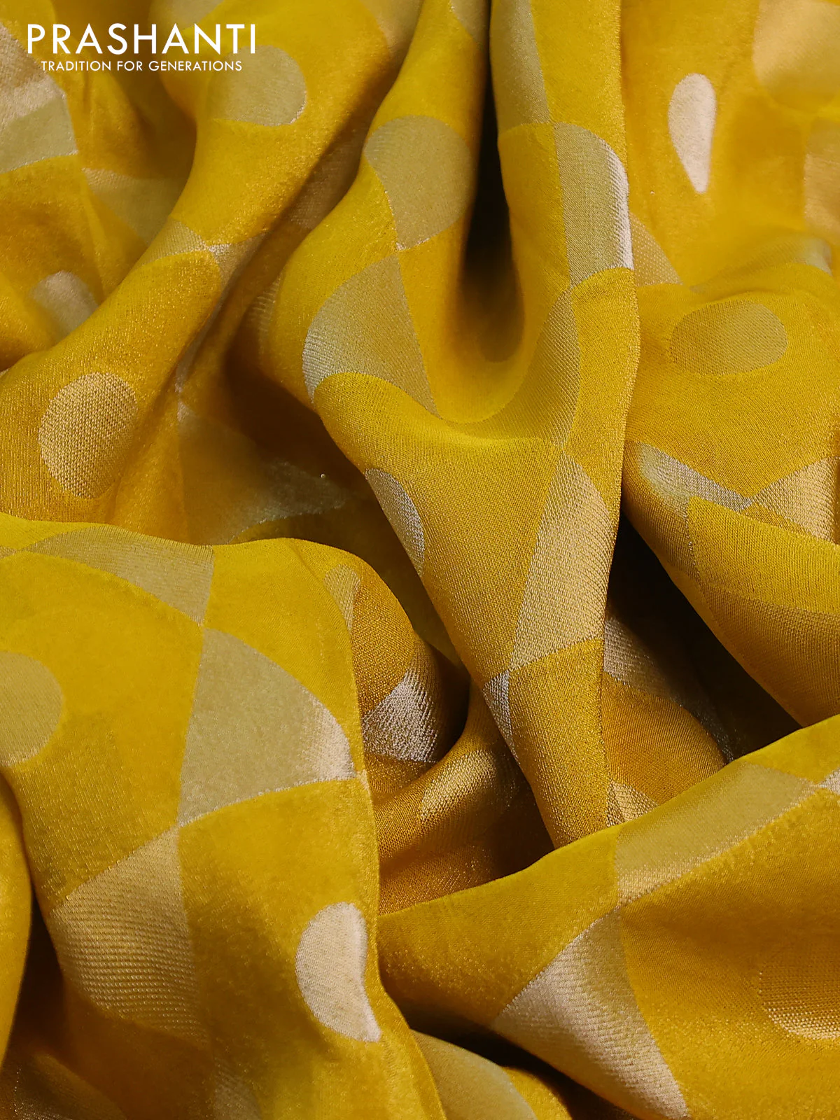 Banarasi tissue saree yellow and red with allover zari woven geometric wevaes and lace work border - Image 3