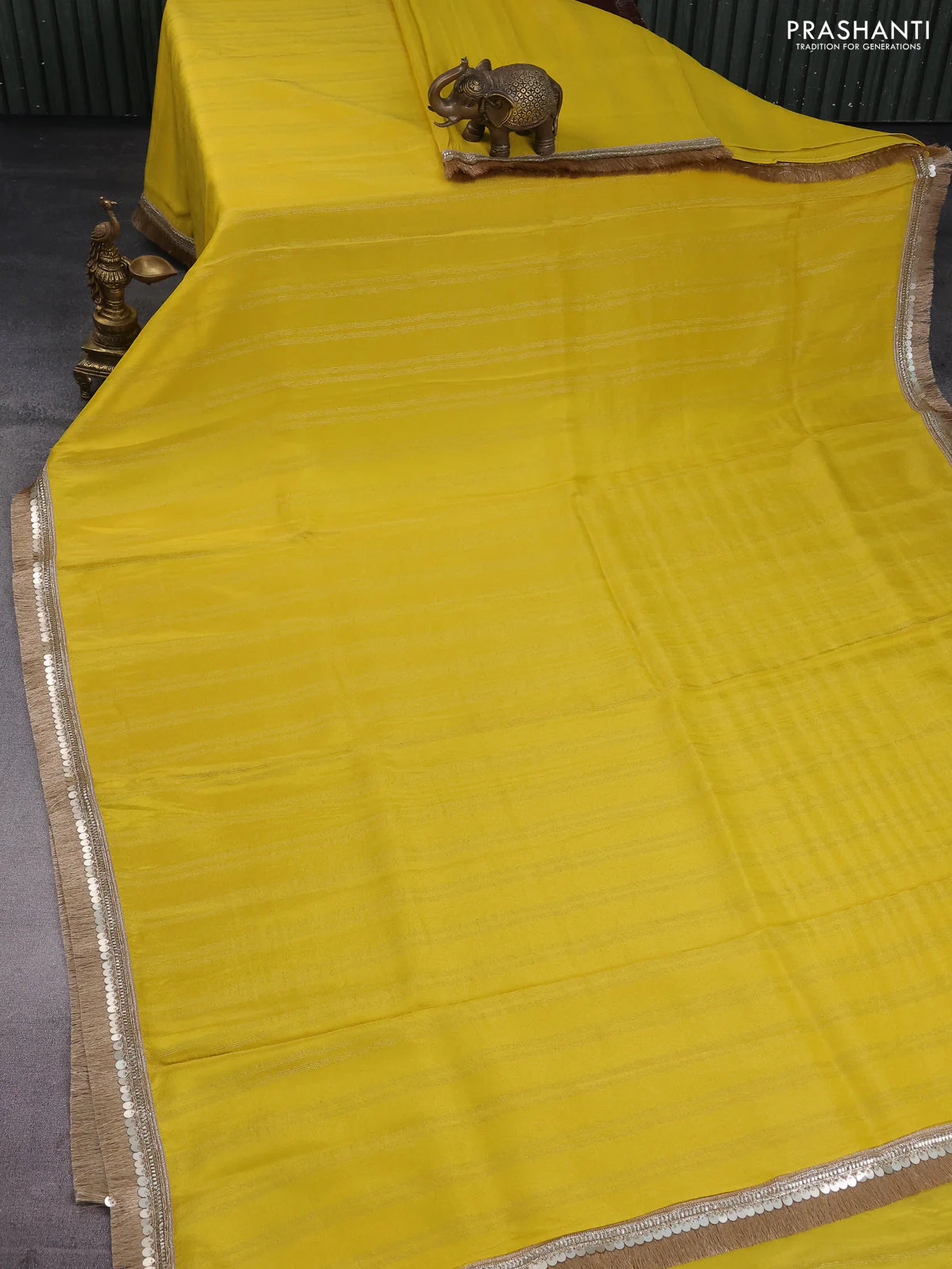 Banarasi tissue saree yellow and red with zari stripes pattern and lace work border - Image 2