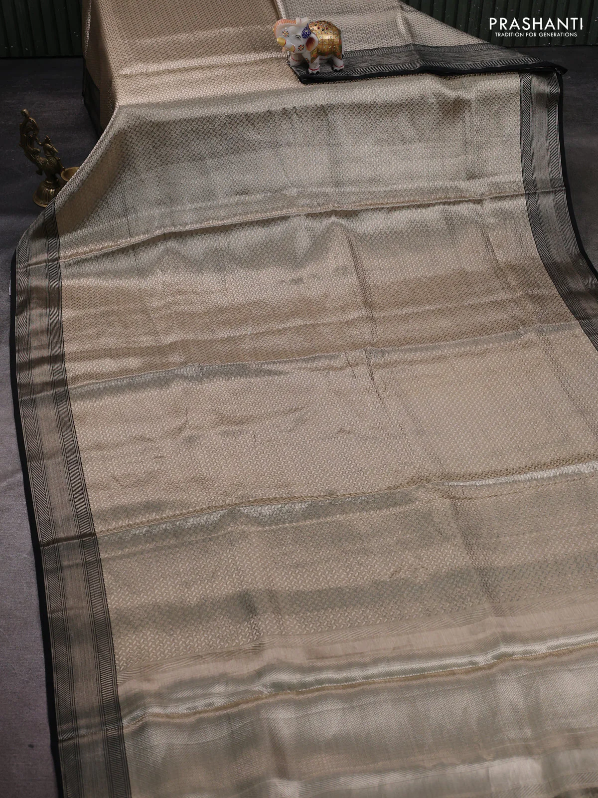 Banarasi tissue silk saree beige and black with allover zari woven brocade weaves and zari woven border - Image 2