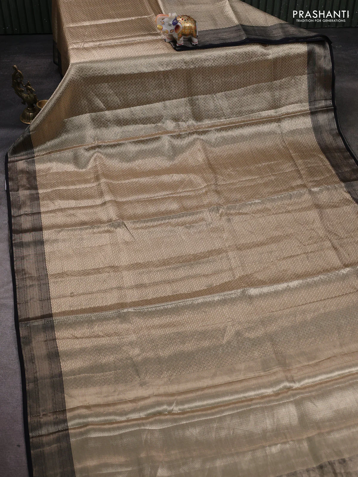 Banarasi tissue silk saree beige and black with allover zari woven brocade weaves and zari woven border - Image 2