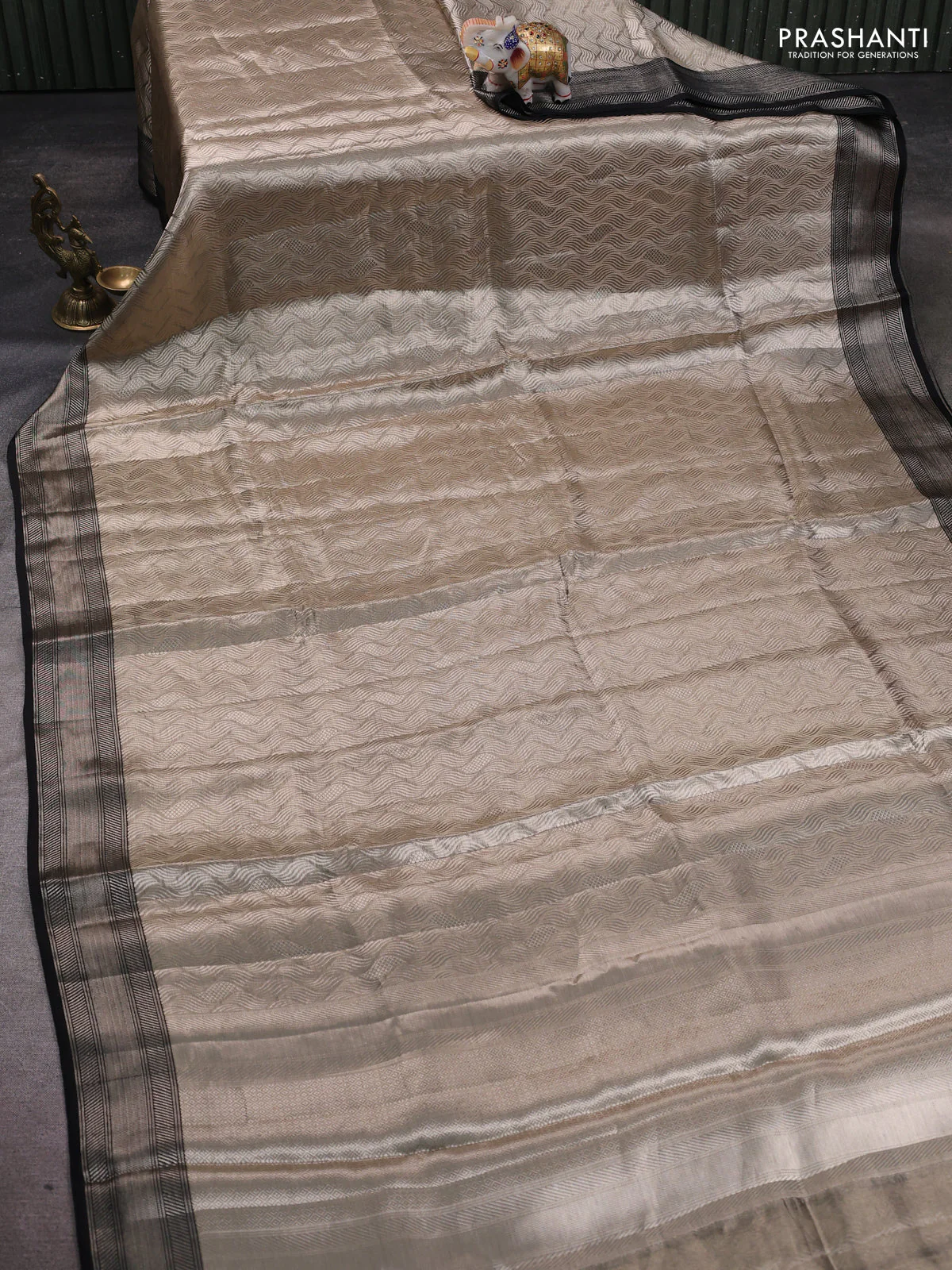 Banarasi tissue silk saree beige and black with allover zari woven brocade weaves and zari woven border - Image 2