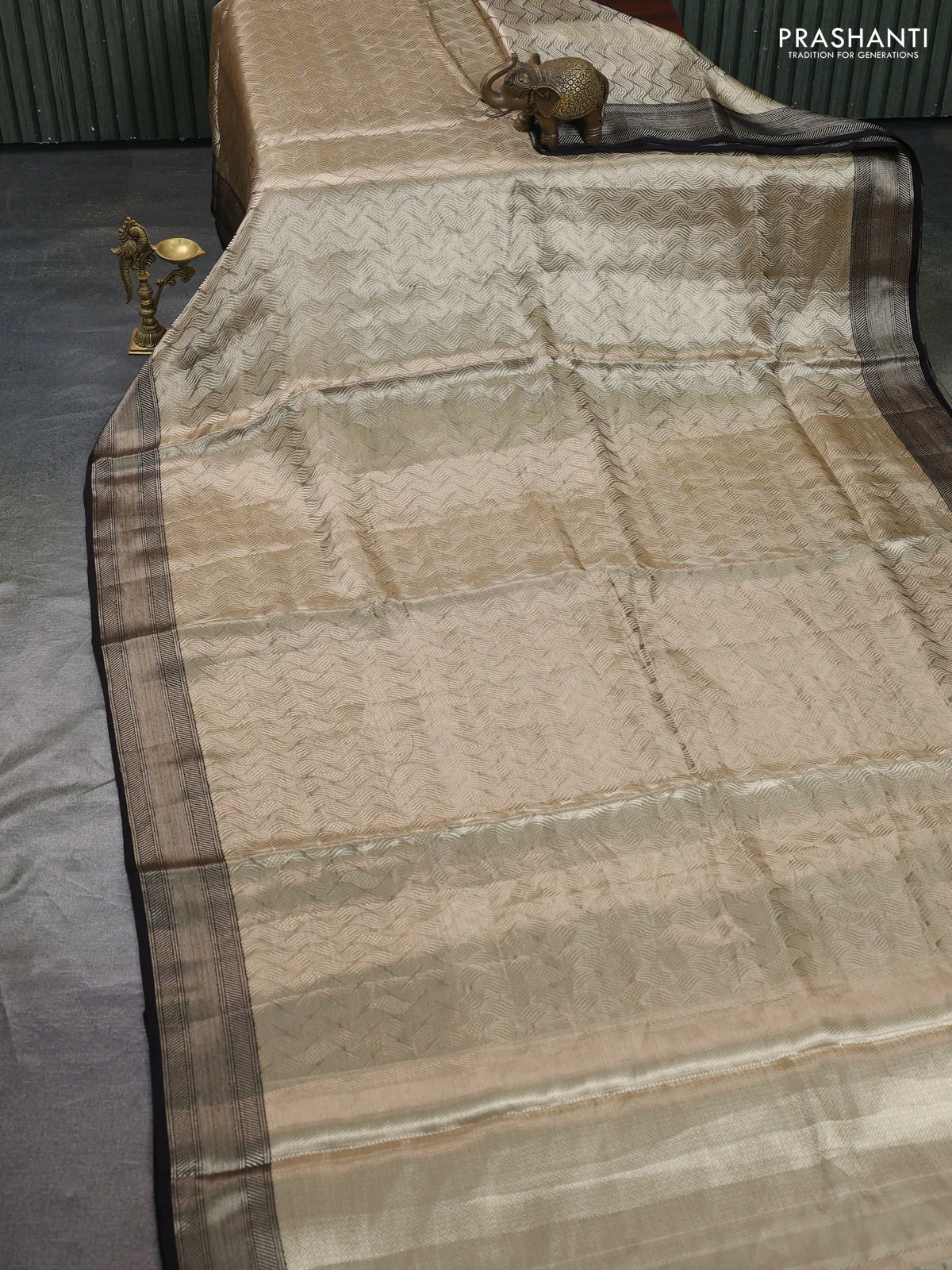 Banarasi tissue silk saree beige and black with allover zari woven brocade weaves and zari woven border - Image 2