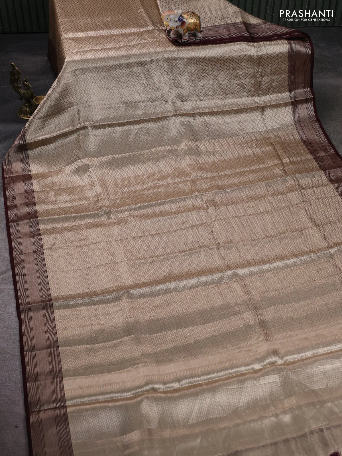 Banarasi tissue silk saree beige and coffee brown with allover zari woven brocade weaves and zari woven border - Image 2