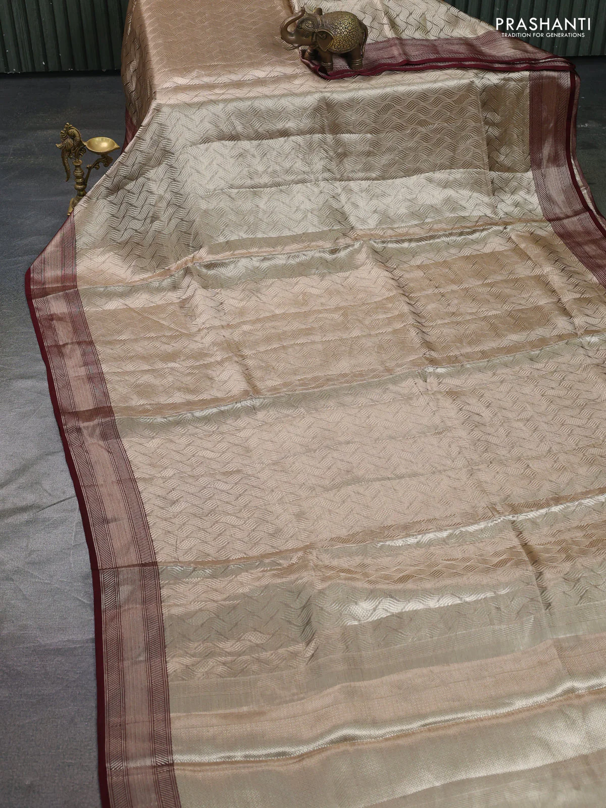 Banarasi tissue silk saree beige and coffee brown with allover zari woven brocade weaves and zari woven border - Image 2