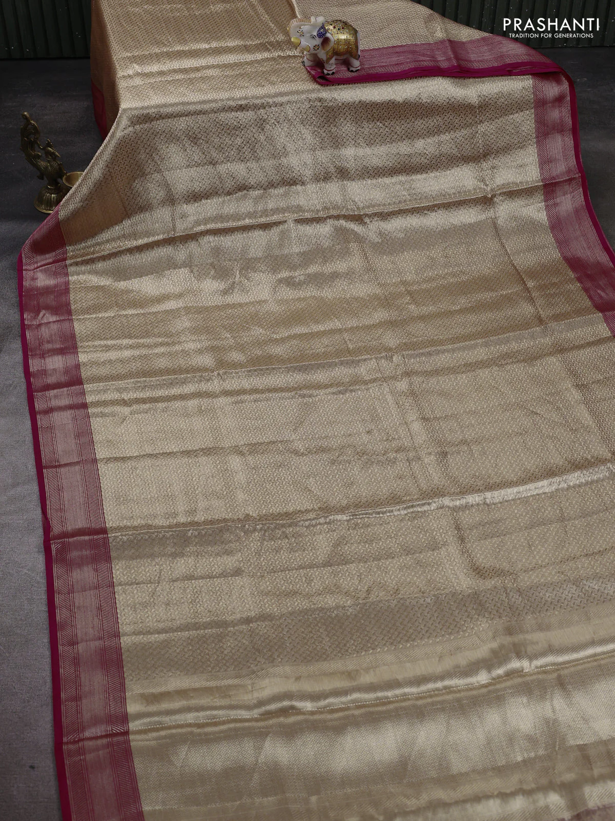 Banarasi tissue silk saree beige and pink with allover zari woven brocade weaves and zari woven border - Image 2