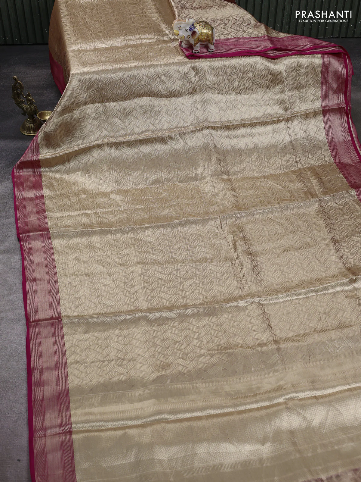 Banarasi tissue silk saree beige and pink with allover zari woven brocade weaves and zari woven border - Image 2
