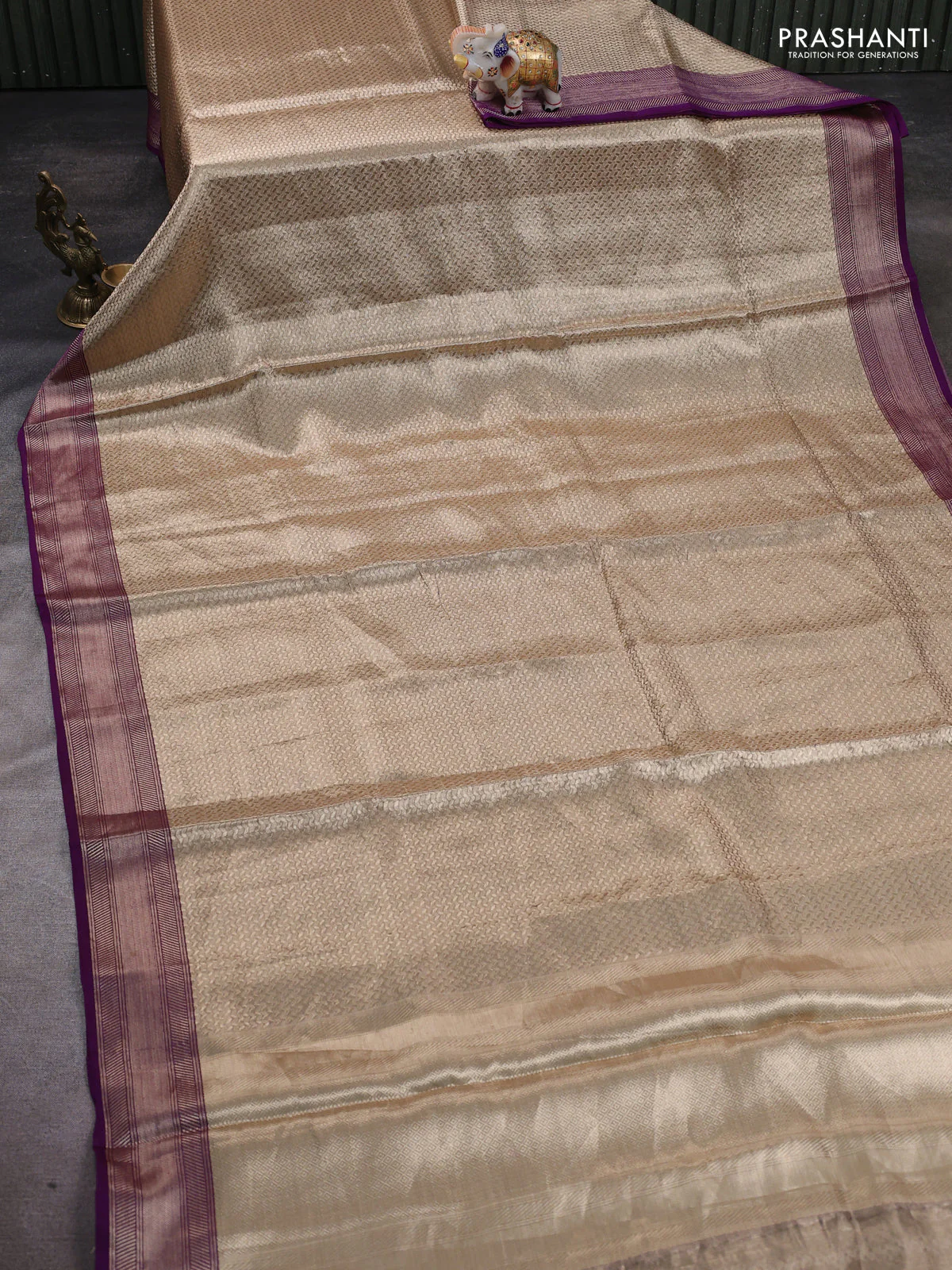 Banarasi tissue silk saree beige and purple with allover zari woven brocade weaves and zari woven border - Image 2