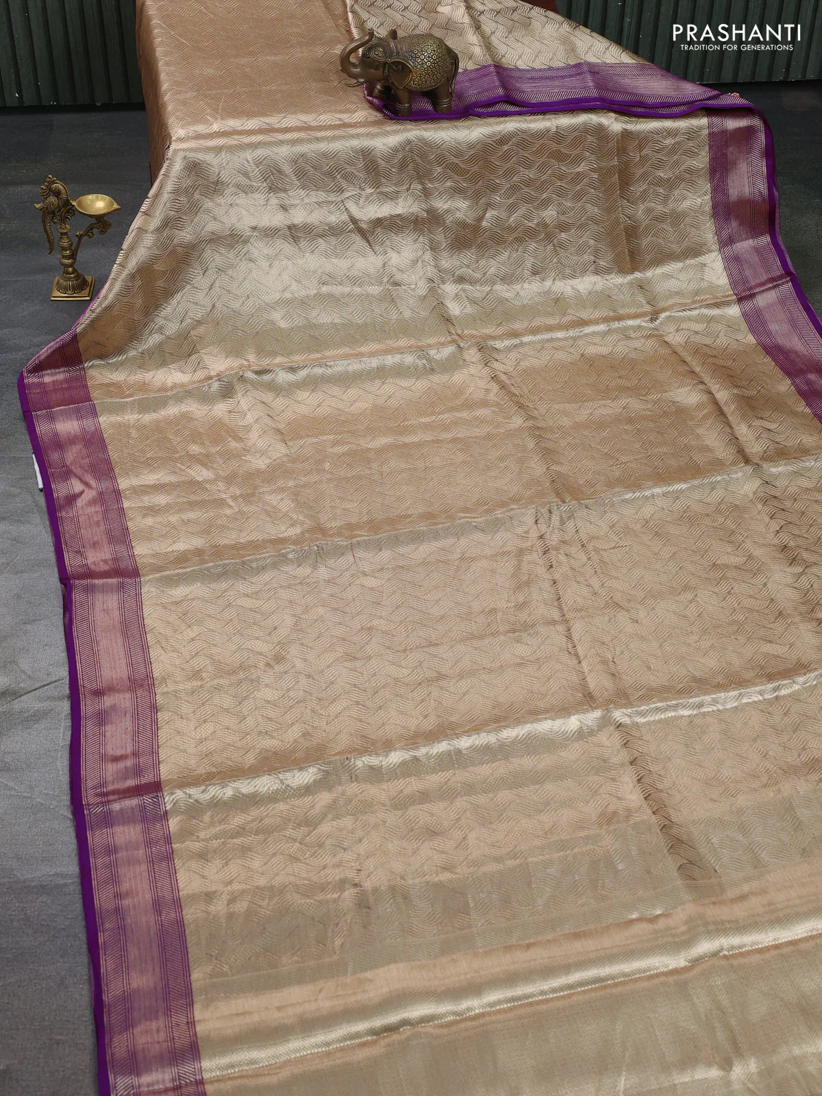 Banarasi tissue silk saree beige and purple with allover zari woven brocade weaves and zari woven border - Image 2