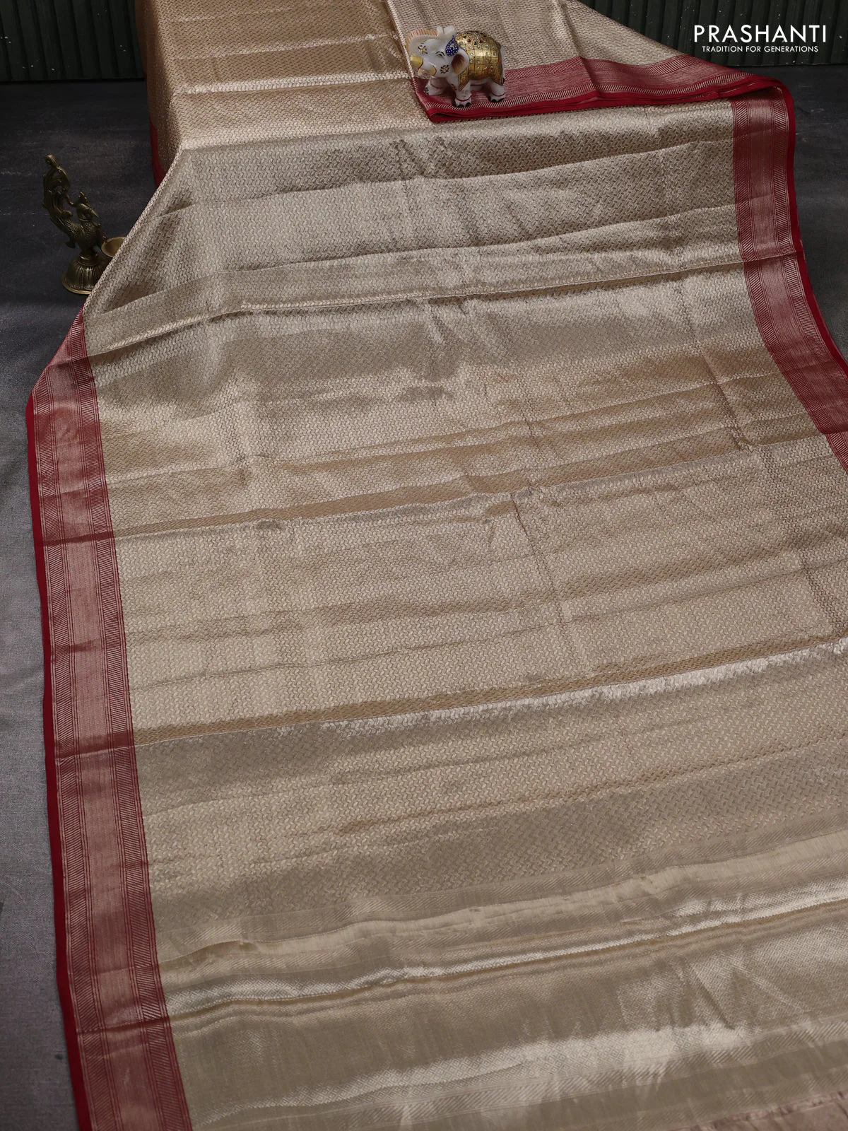 Banarasi tissue silk saree beige and red with allover zari woven brocade weaves and zari woven border - Image 2