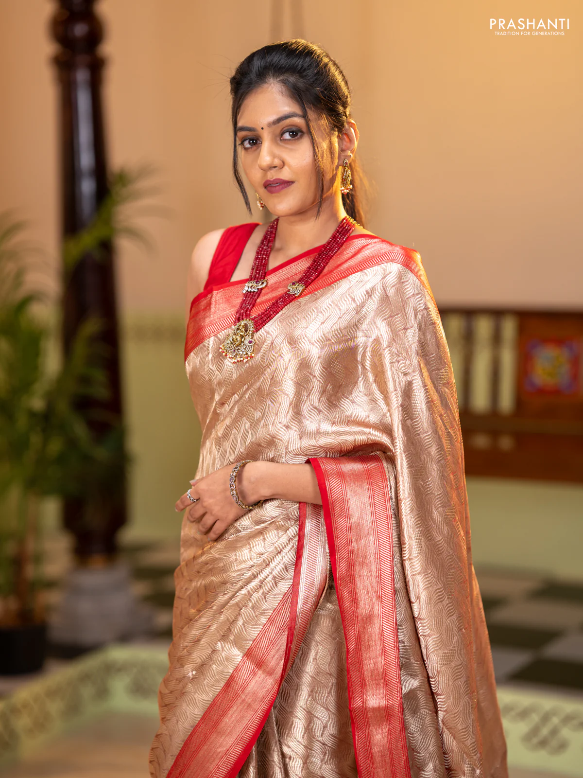 Banarasi tissue silk saree beige and red with allover zari woven brocade weaves and zari woven border - Image 2