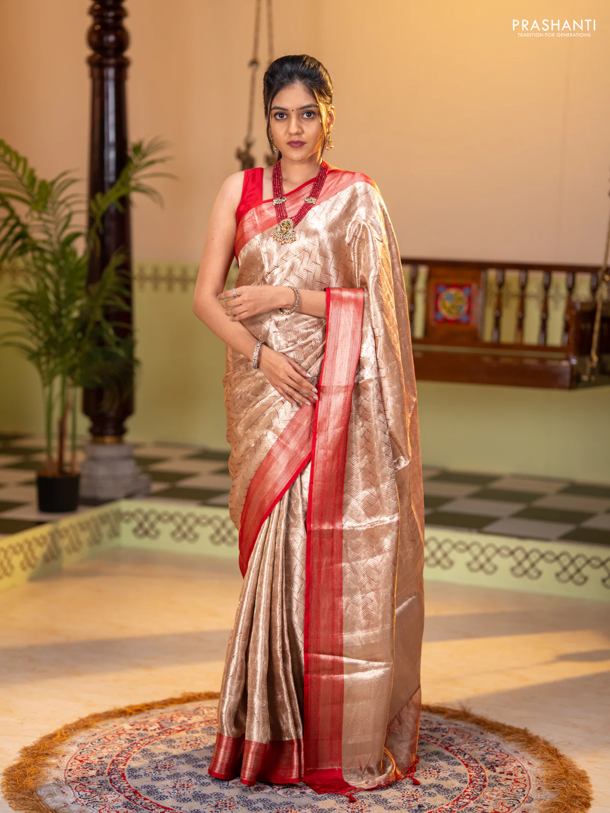 Banarasi tissue silk saree beige and red with allover zari woven brocade weaves and zari woven border - Image 3