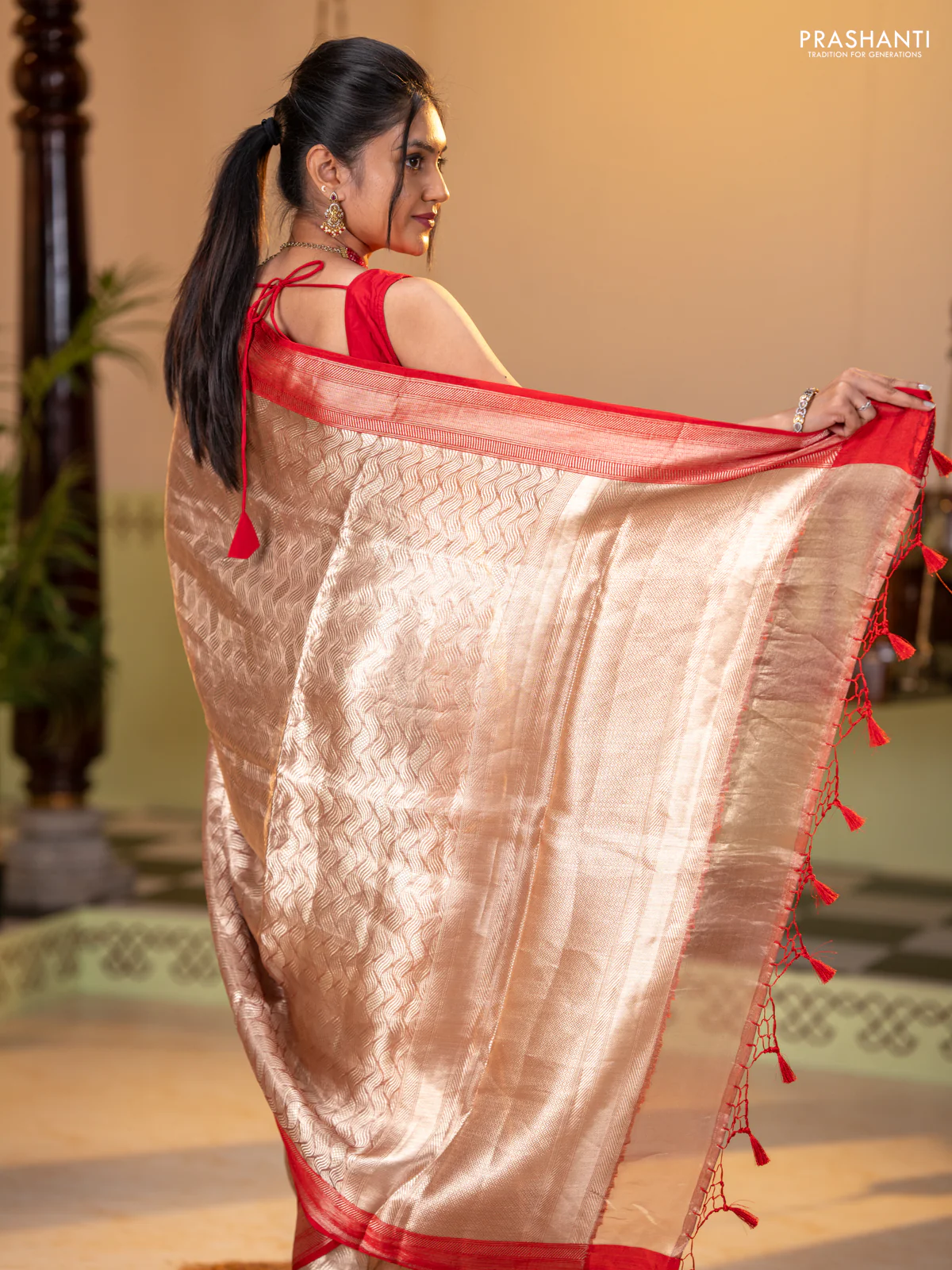 Banarasi tissue silk saree beige and red with allover zari woven brocade weaves and zari woven border - Image 5