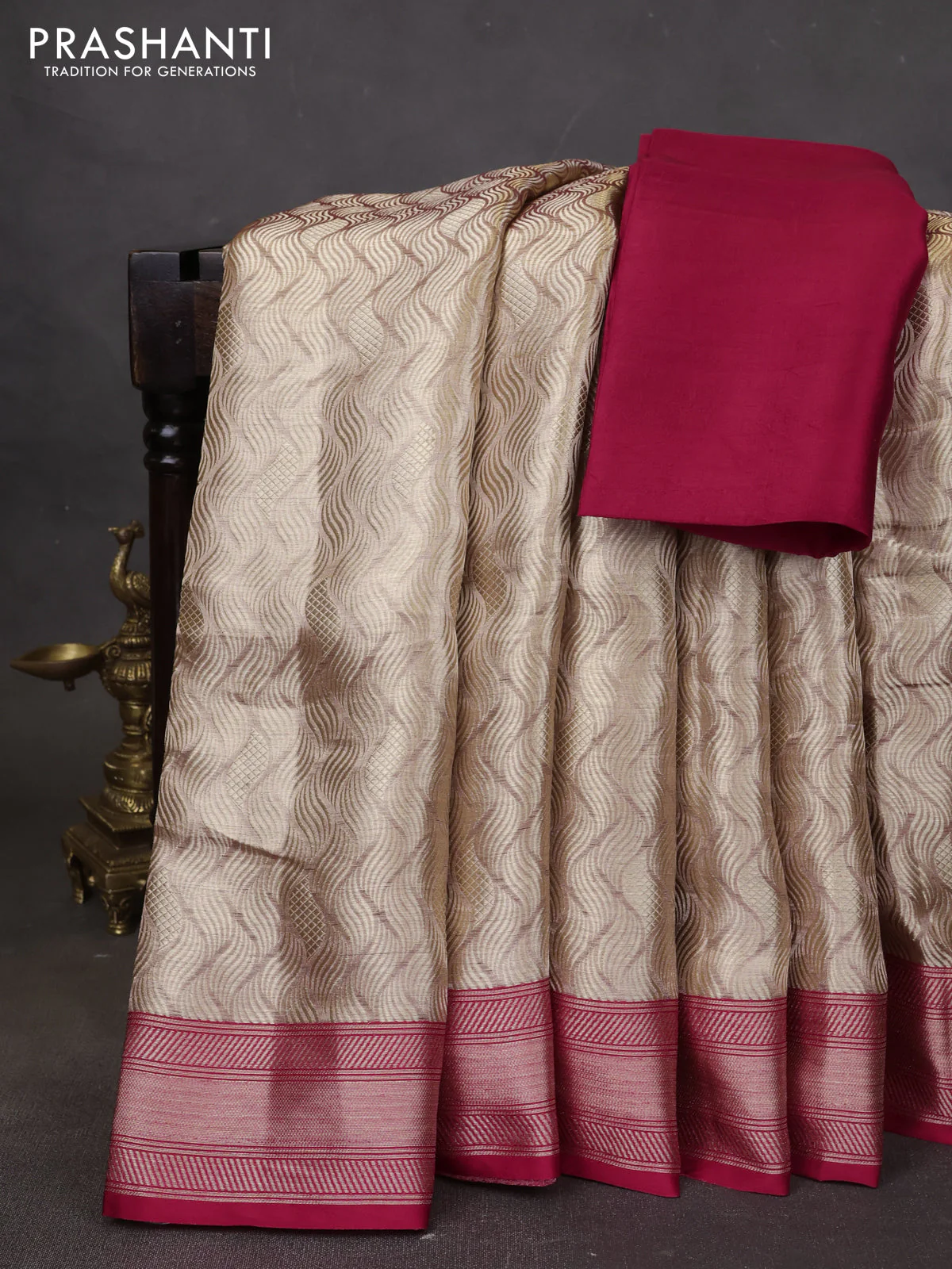 Banarasi tissue silk saree beige and red with allover zari woven brocade weaves and zari woven border - Image 6