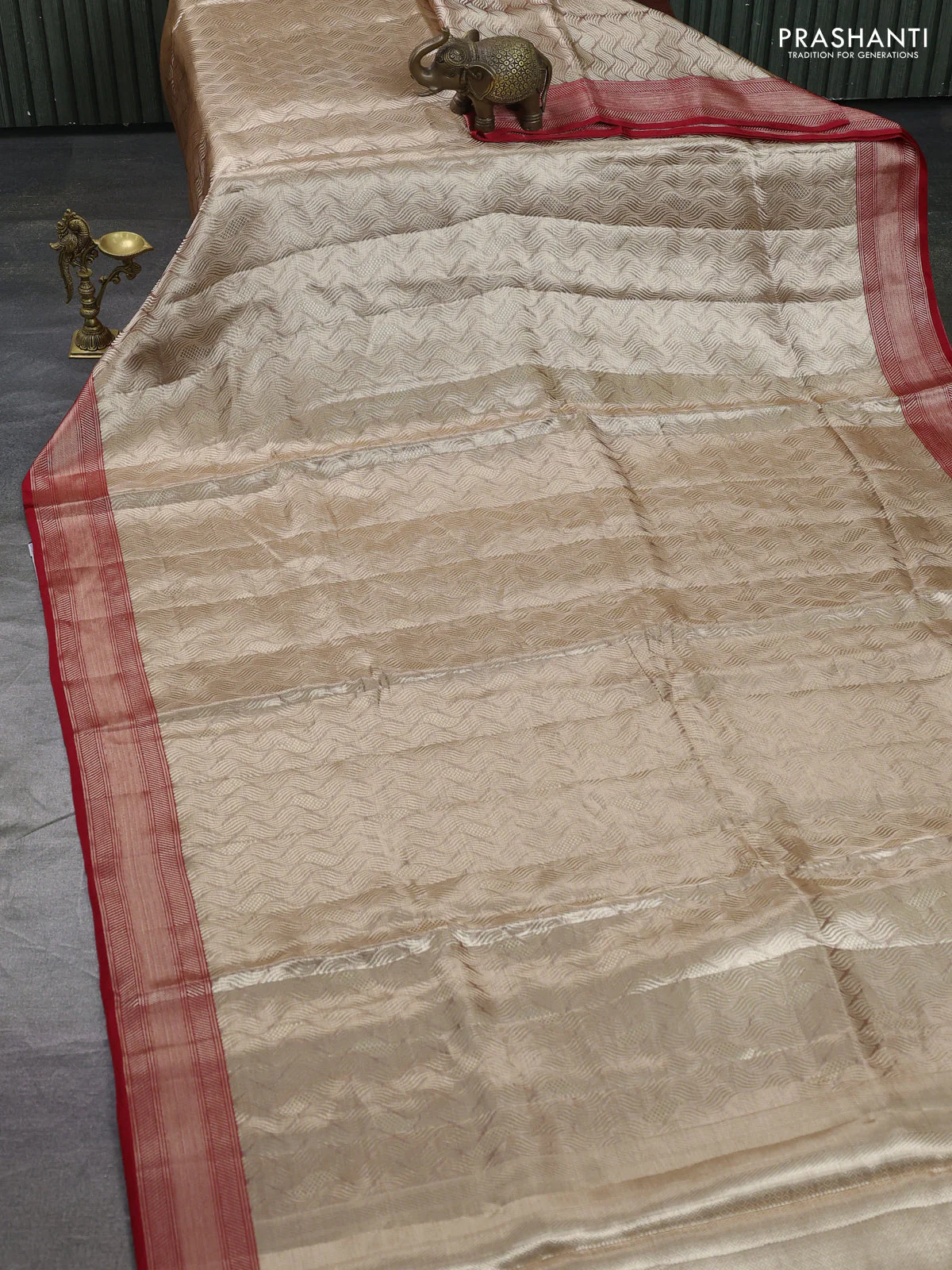 Banarasi tissue silk saree beige and red with allover zari woven brocade weaves and zari woven border - Image 7
