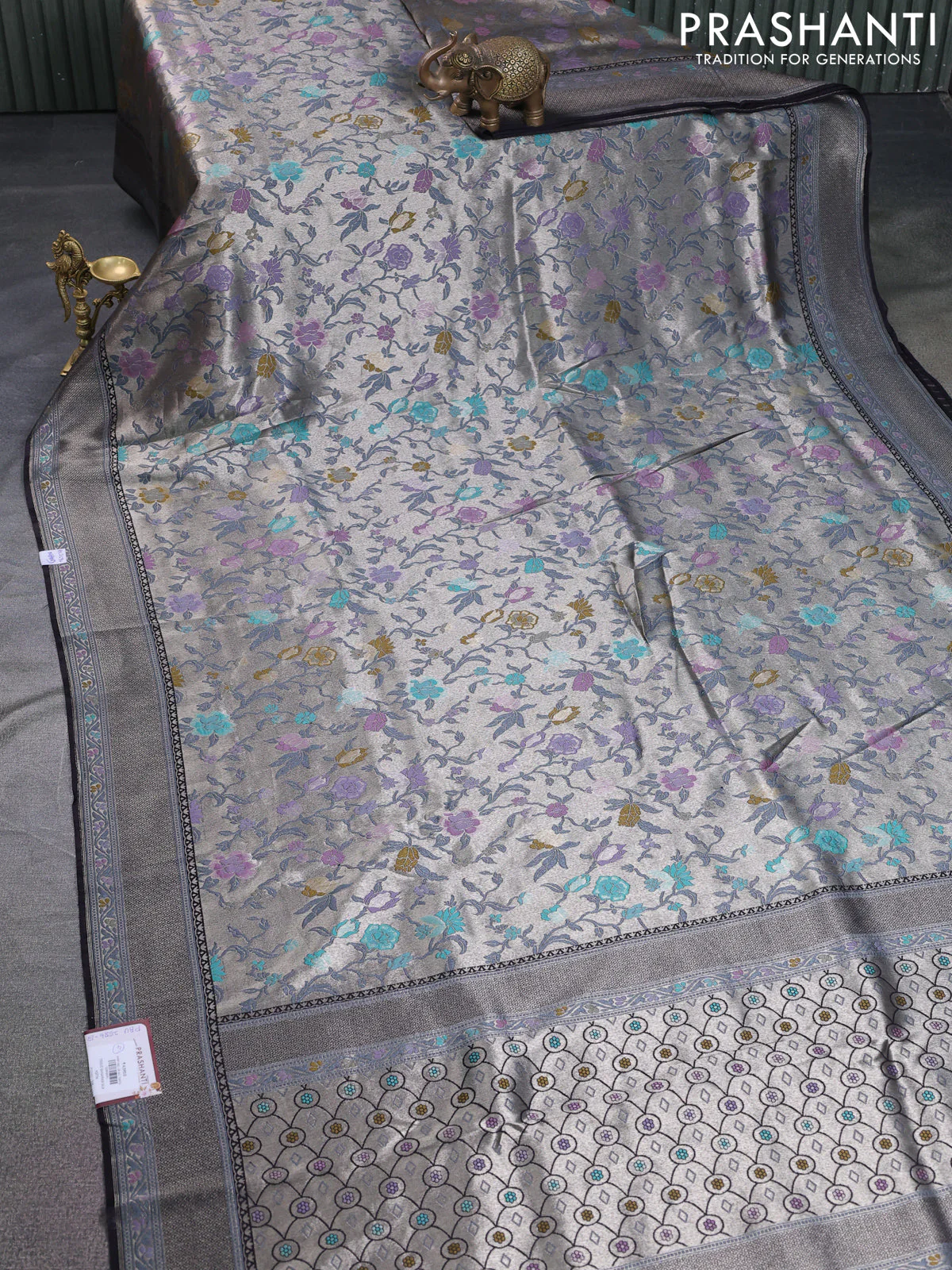Banarasi tissue silk saree black with allover thread woven floral weaves and silver zari woven border - Image 2
