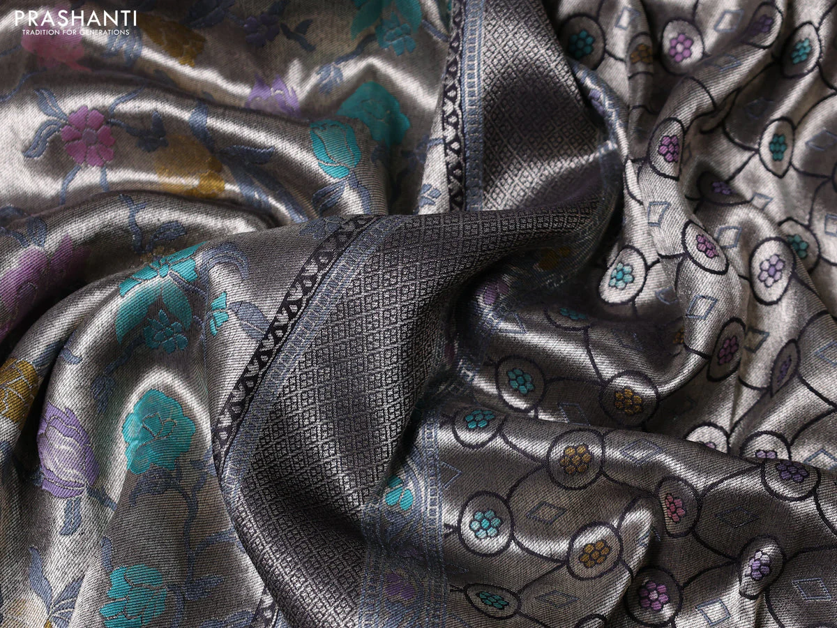 Banarasi tissue silk saree black with allover thread woven floral weaves and silver zari woven border - Image 3