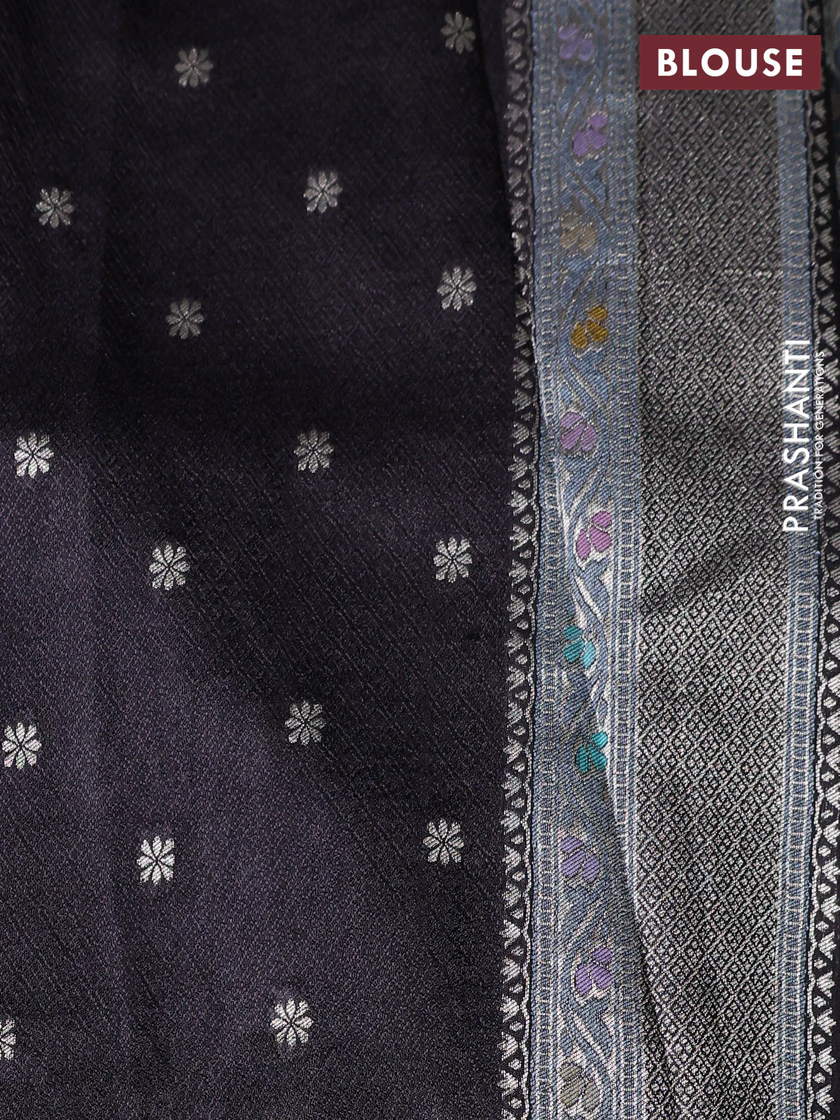 Banarasi tissue silk saree black with allover thread woven floral weaves and silver zari woven border - Image 4