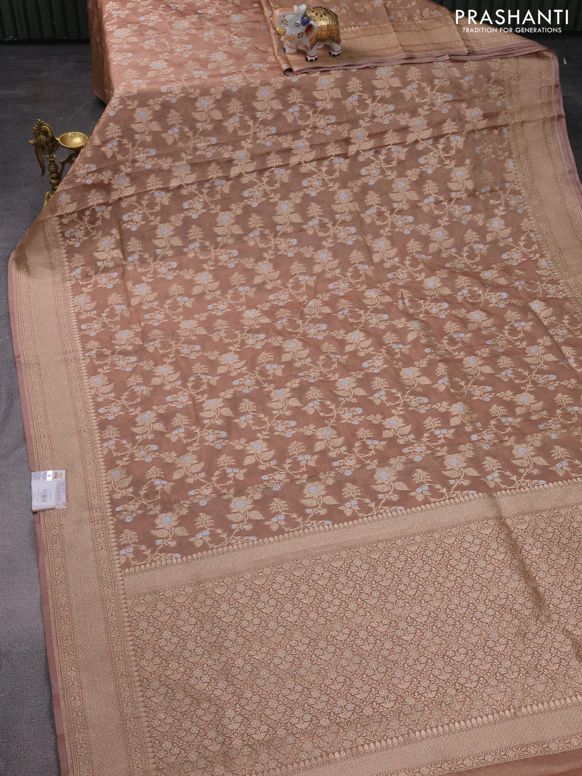 Banarasi tissue silk saree dark sandal with allover silver & gold zari weaves and zari woven border - Image 2