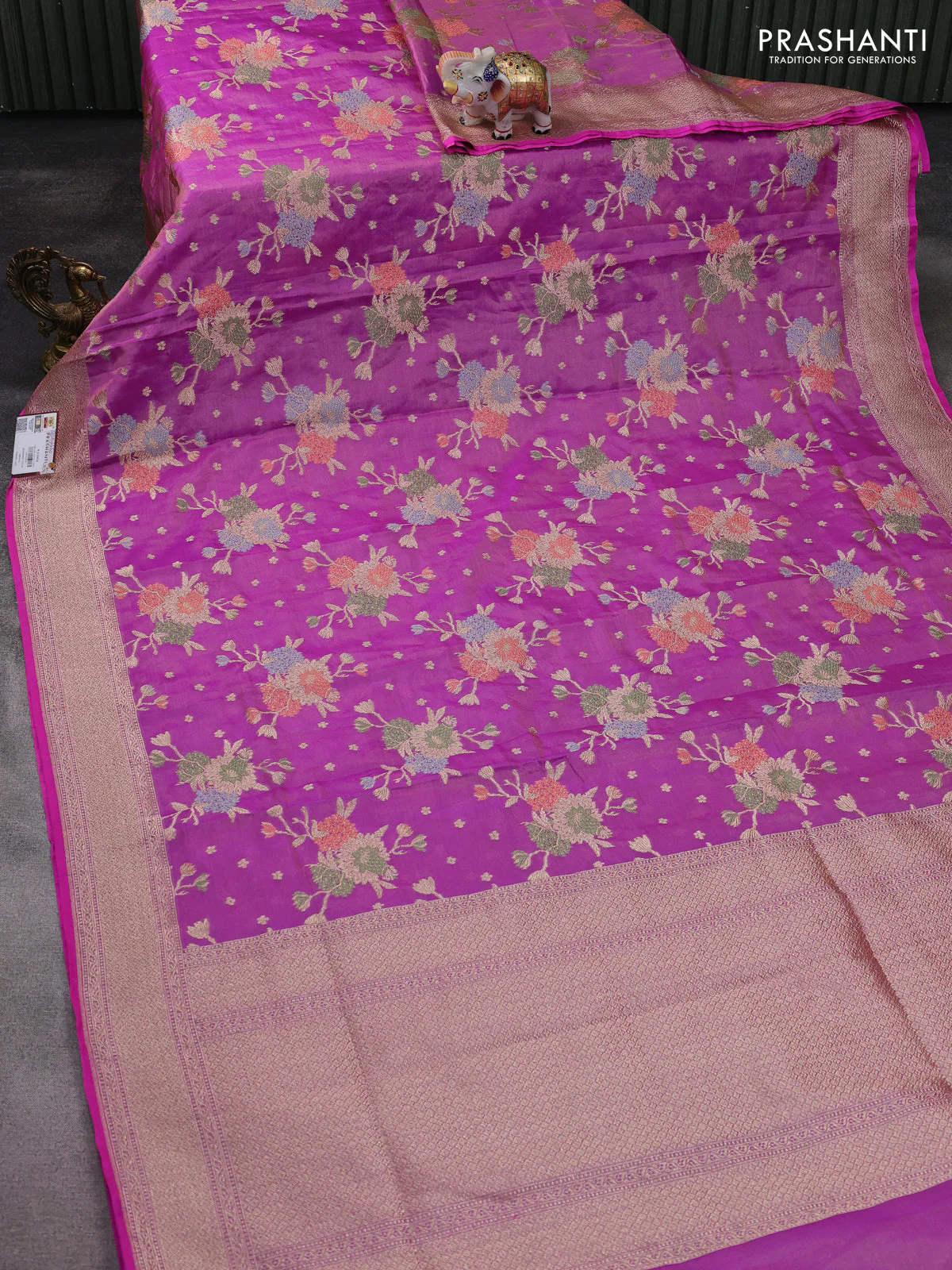 Banarasi tissue silk saree dual shade of lavender with allover zari woven brocade weaves and zari woven border - Image 2