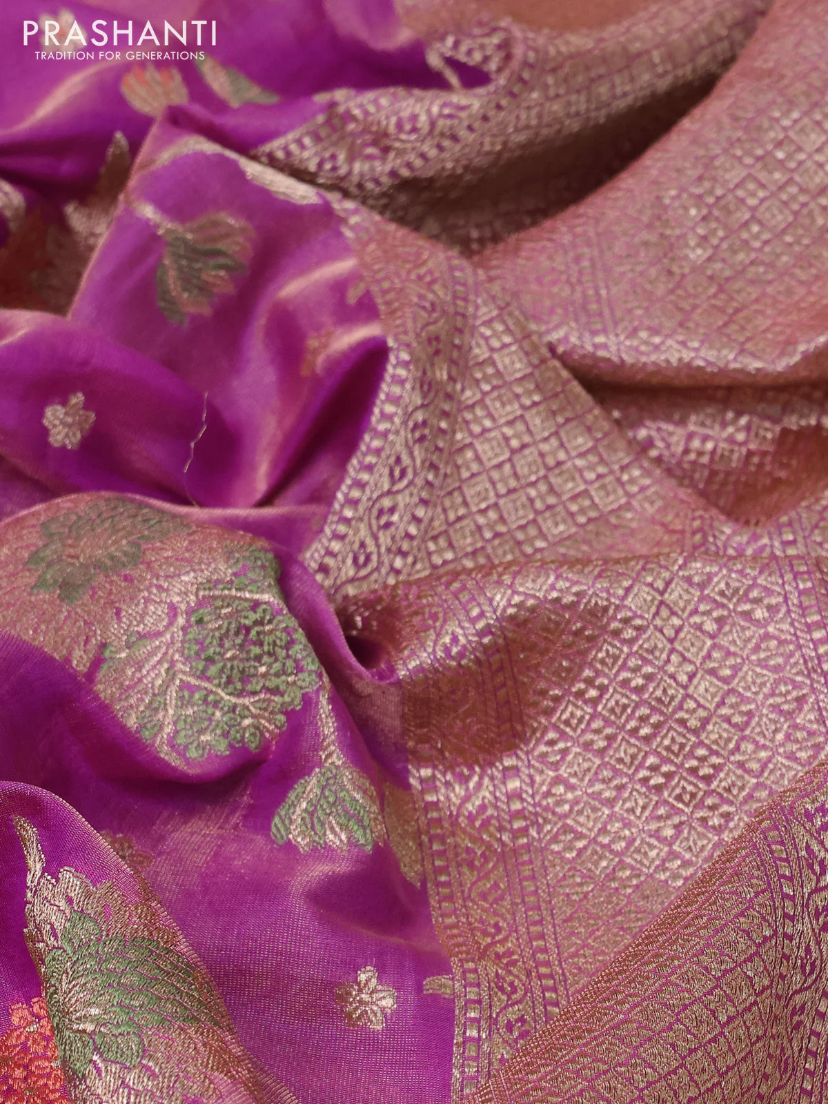 Banarasi tissue silk saree dual shade of lavender with allover zari woven brocade weaves and zari woven border - Image 3