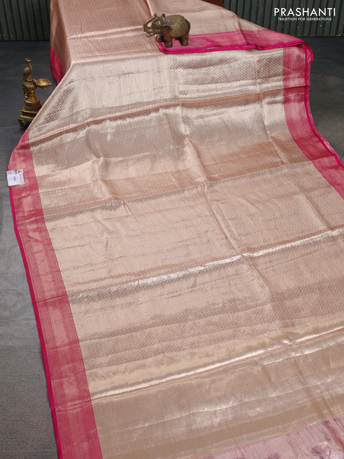 Banarasi tissue silk saree gold and pink with allover zari woven brocade weaves and zari woven border - Image 2