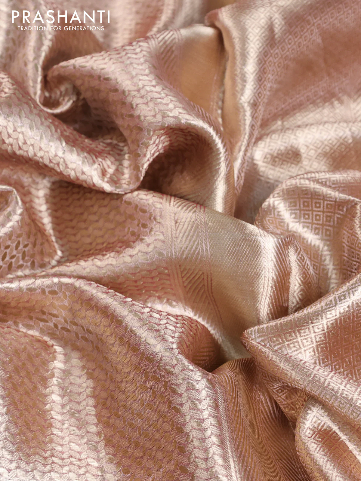 Banarasi tissue silk saree gold and pink with allover zari woven brocade weaves and zari woven border - Image 3