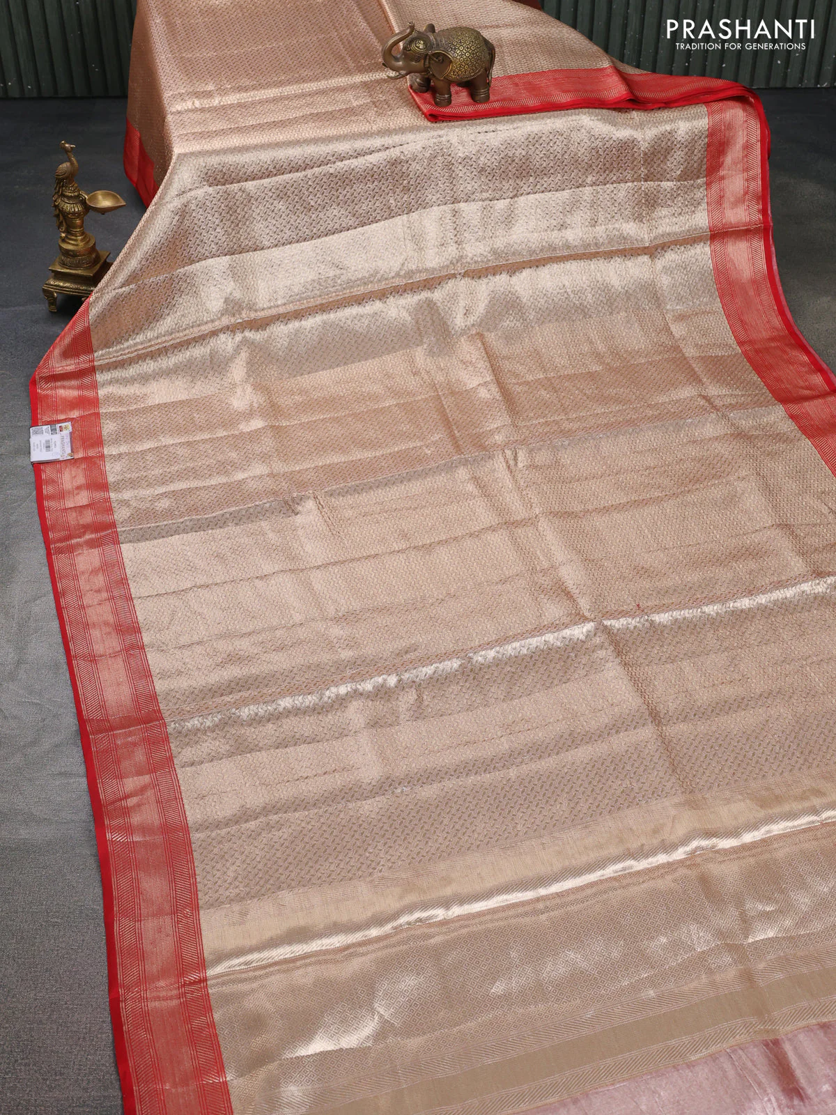 Banarasi tissue silk saree gold and red with allover zari woven brocade weaves and zari woven border - Image 2