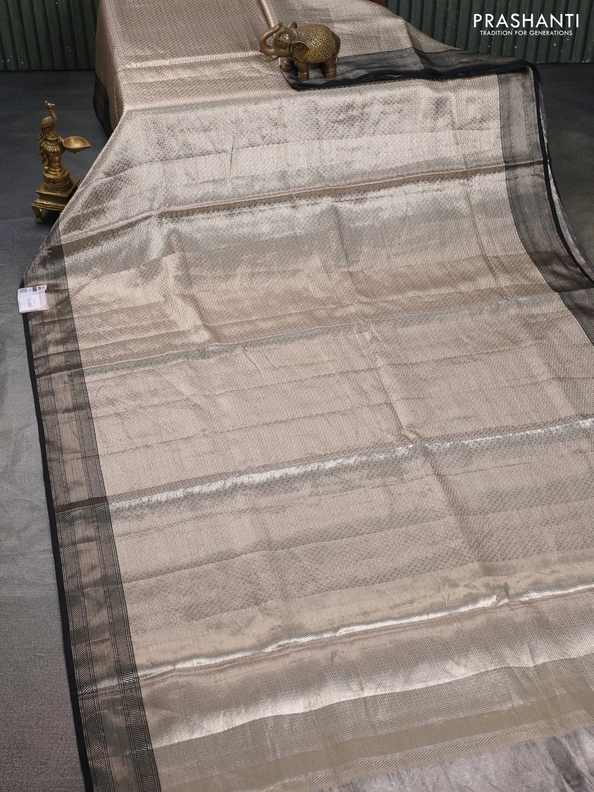 Banarasi tissue silk saree grey and black with allover zari woven brocade weaves and zari woven border - Image 2
