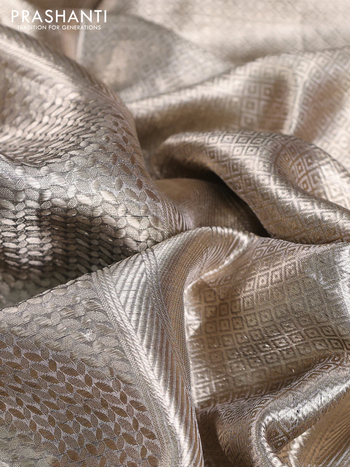 Banarasi tissue silk saree grey and black with allover zari woven brocade weaves and zari woven border - Image 3