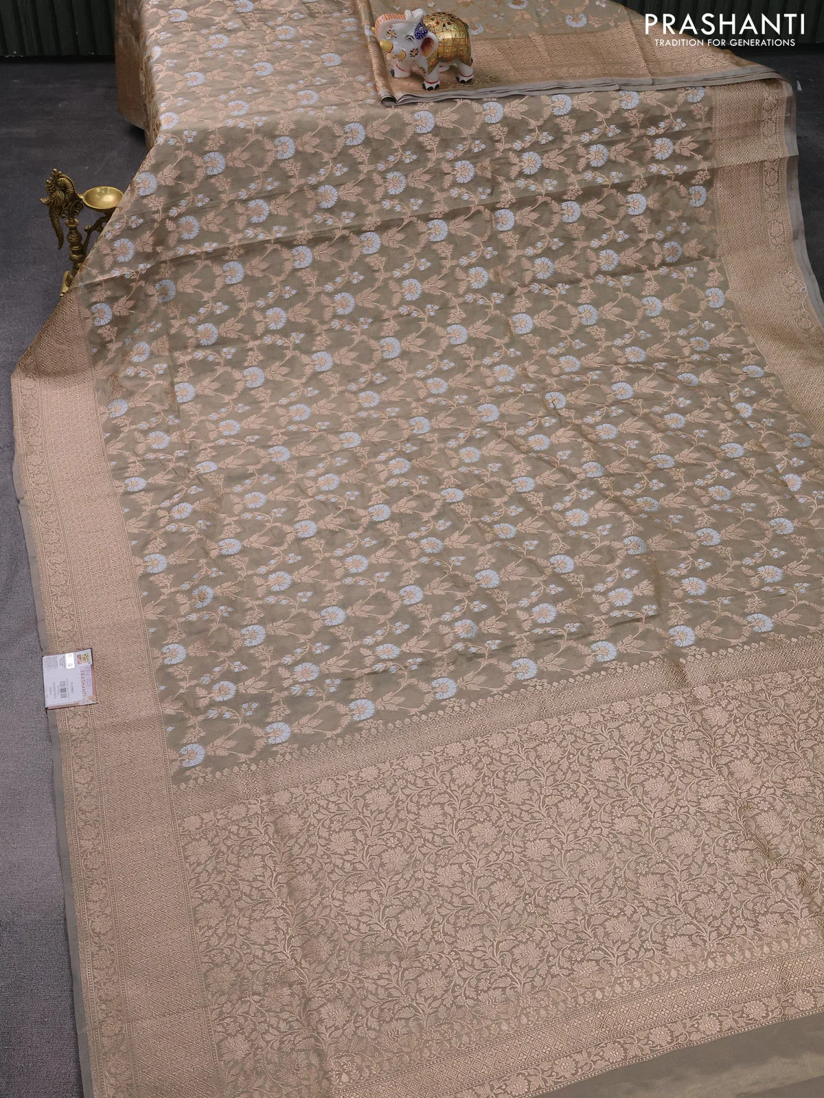 Banarasi tissue silk saree grey shade with allover silver & gold zari weaves and zari woven border - Image 2