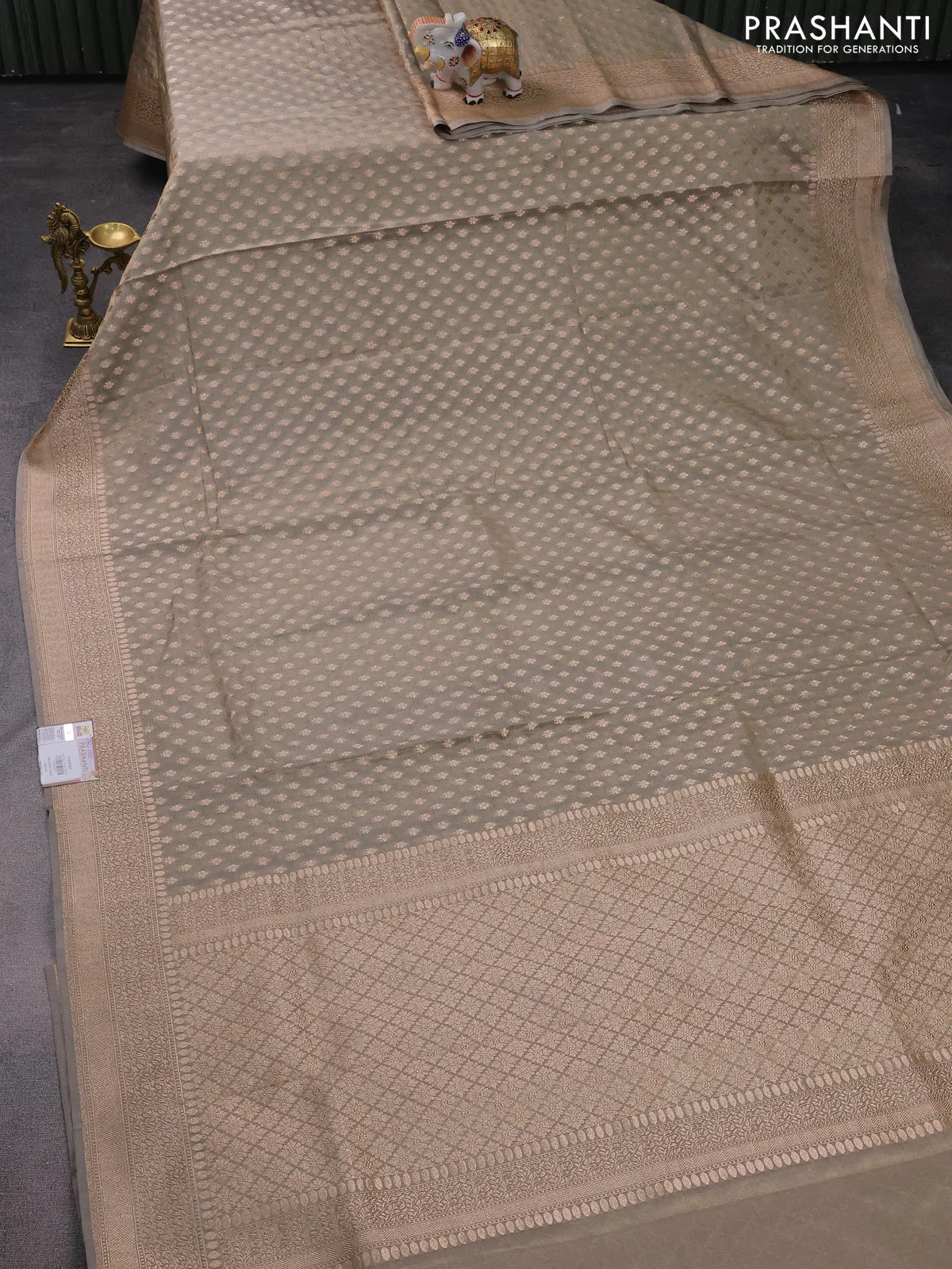 Banarasi tissue silk saree grey shade with allover zari woven brocade weaves and zari woven border - Image 2