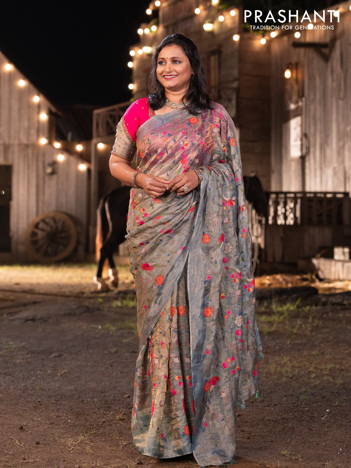 Banarasi tissue silk saree greyish blue with allover embroidery - Image 2