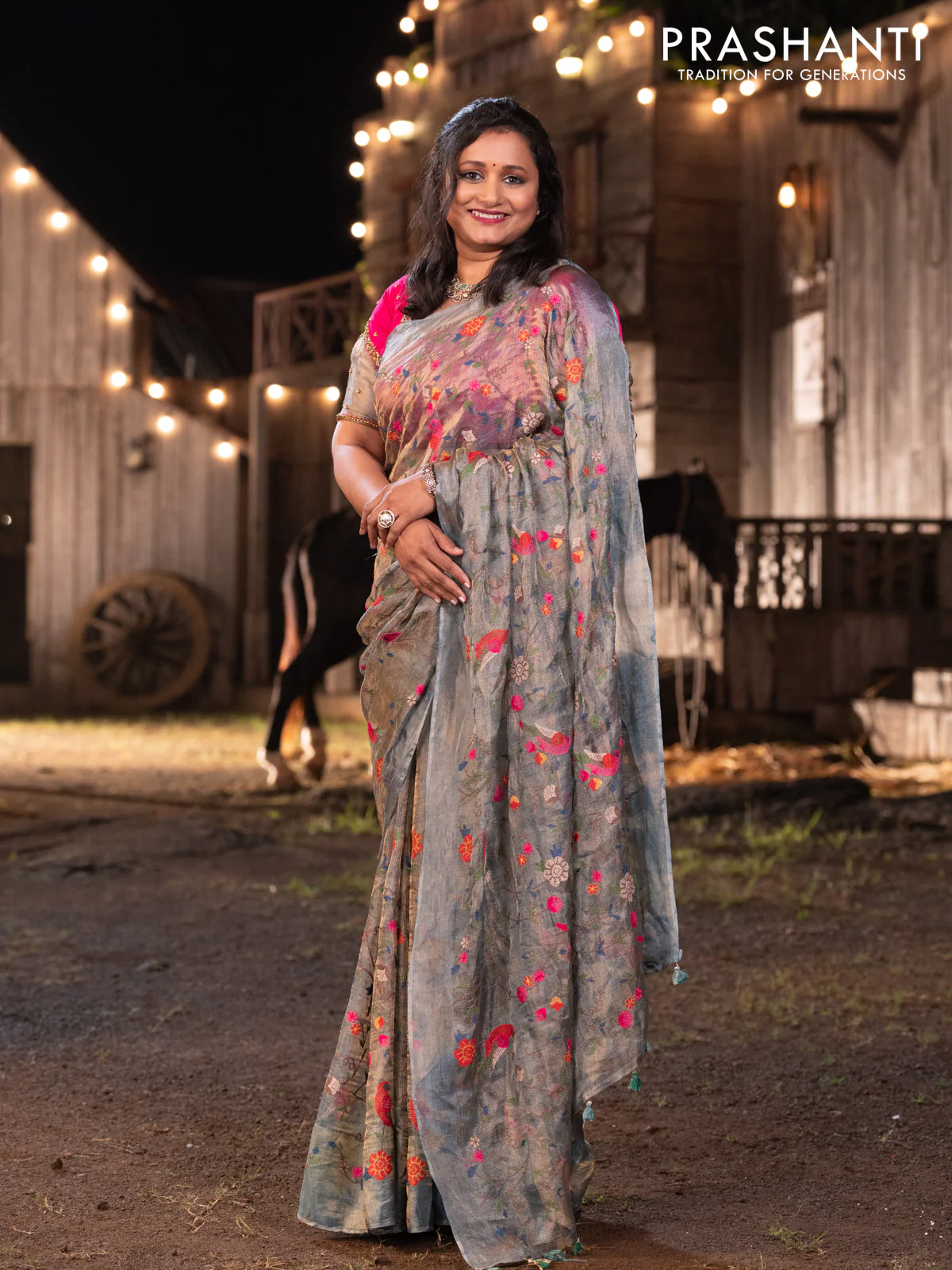 Banarasi tissue silk saree greyish blue with allover embroidery - Image 3