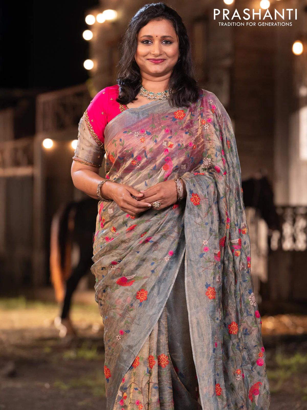 Banarasi tissue silk saree greyish blue with allover embroidery - Image 4