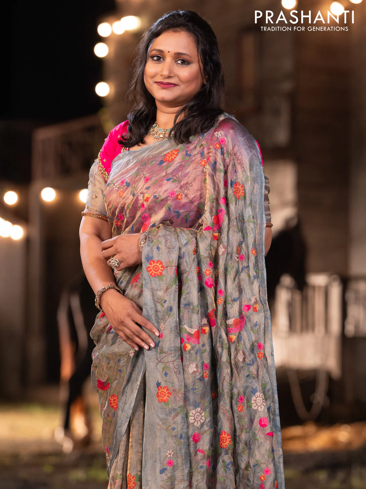 Banarasi tissue silk saree greyish blue with allover embroidery - Image 5